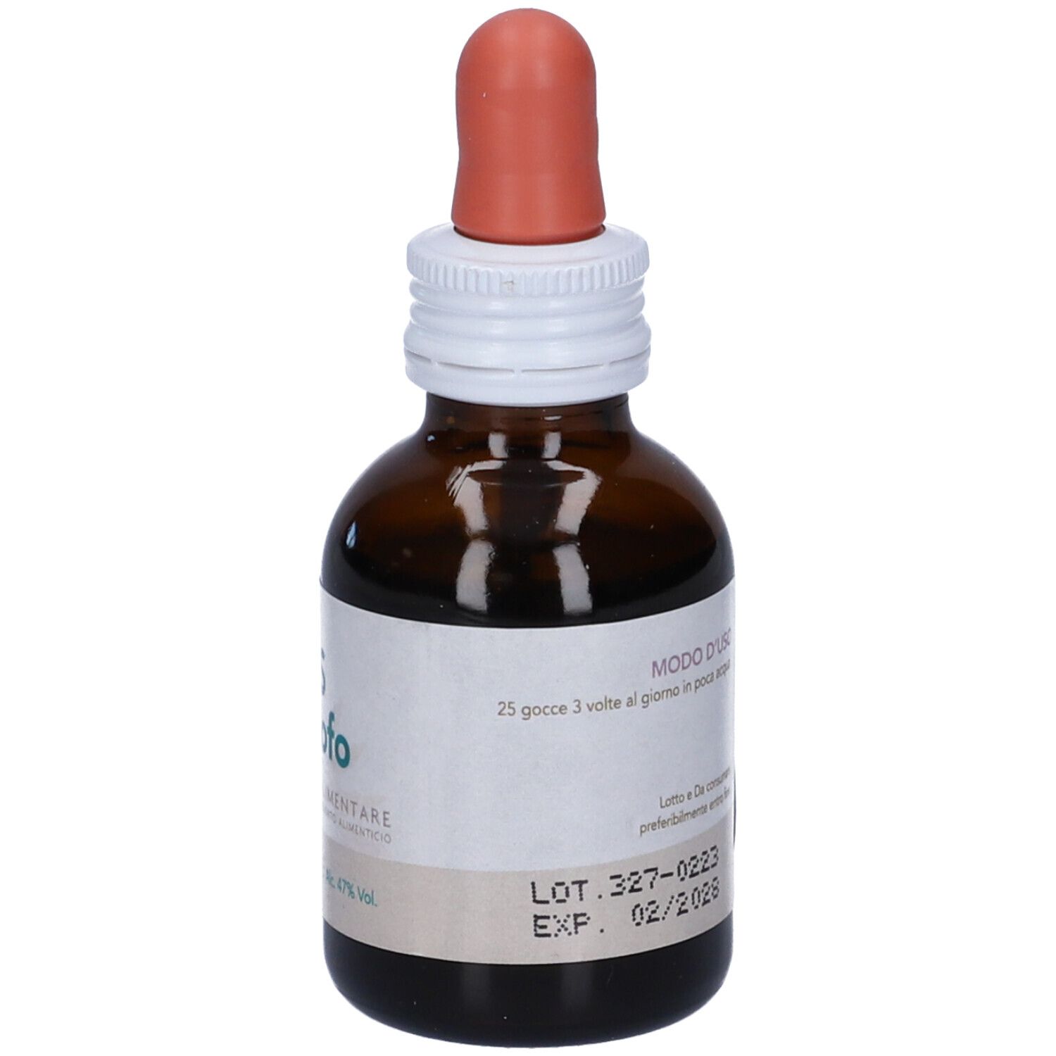 Flacone di vetro marrone con contagocce ed etichetta bianca. L'etichetta indica "SYS Carciofo".