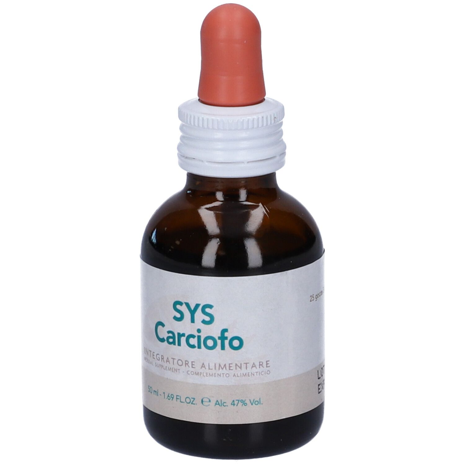 Flacone di vetro marrone con contagocce ed etichetta bianca. L'etichetta indica "SYS Carciofo".