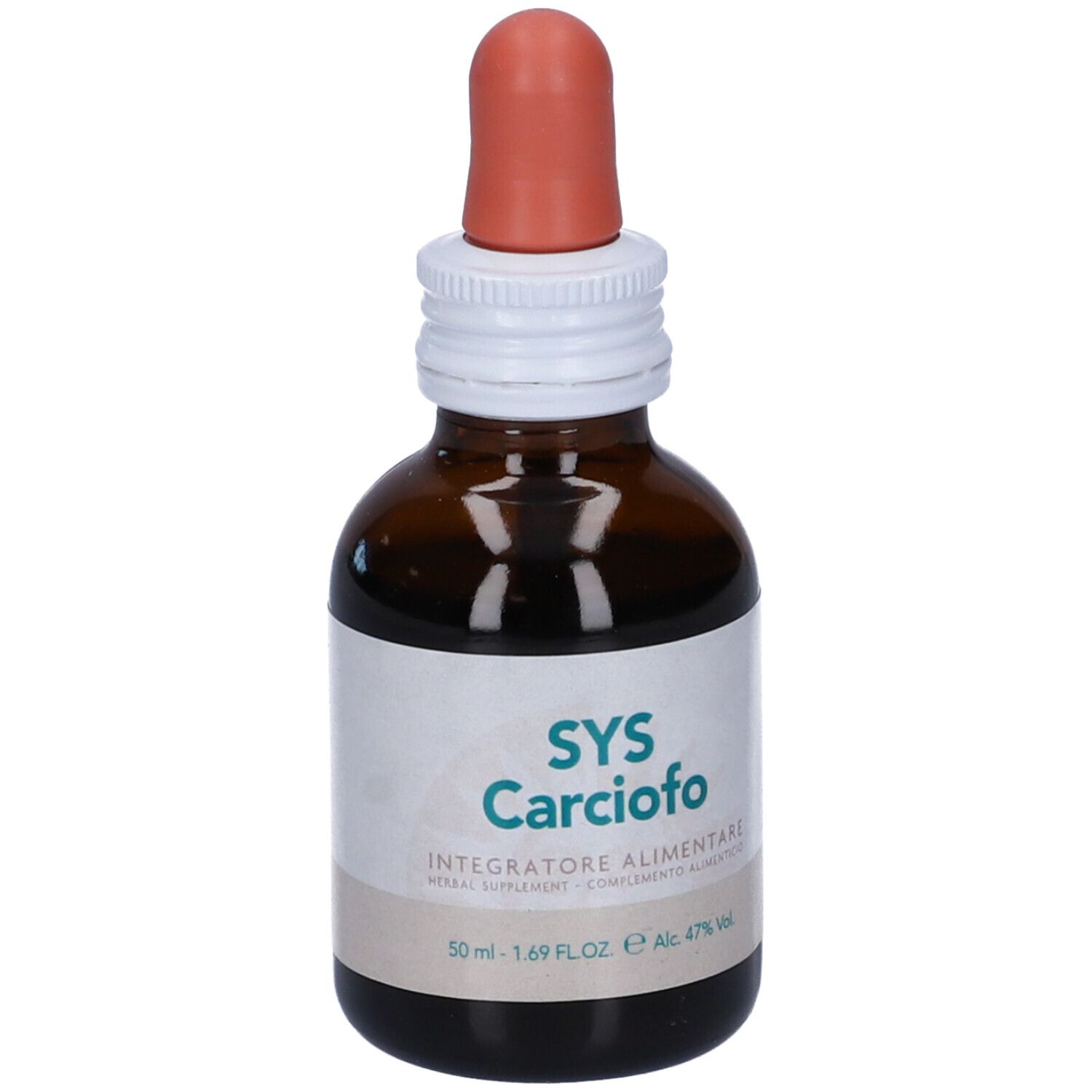 Flacone di vetro marrone con contagocce ed etichetta bianca. L'etichetta indica "SYS Carciofo".