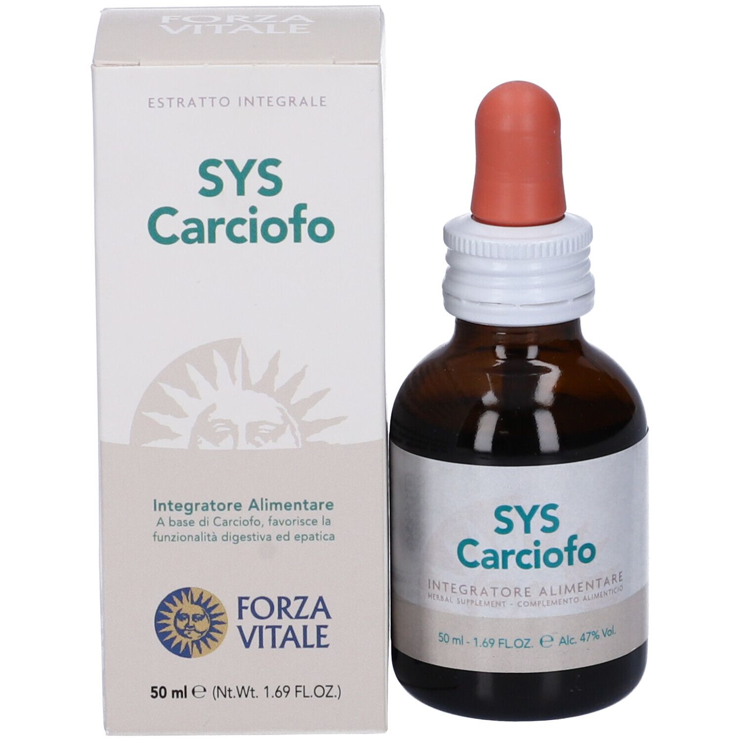 Flacone di vetro marrone con contagocce ed etichetta bianca. L'etichetta indica "SYS Carciofo". Accanto, una scatola con la stessa etichetta.