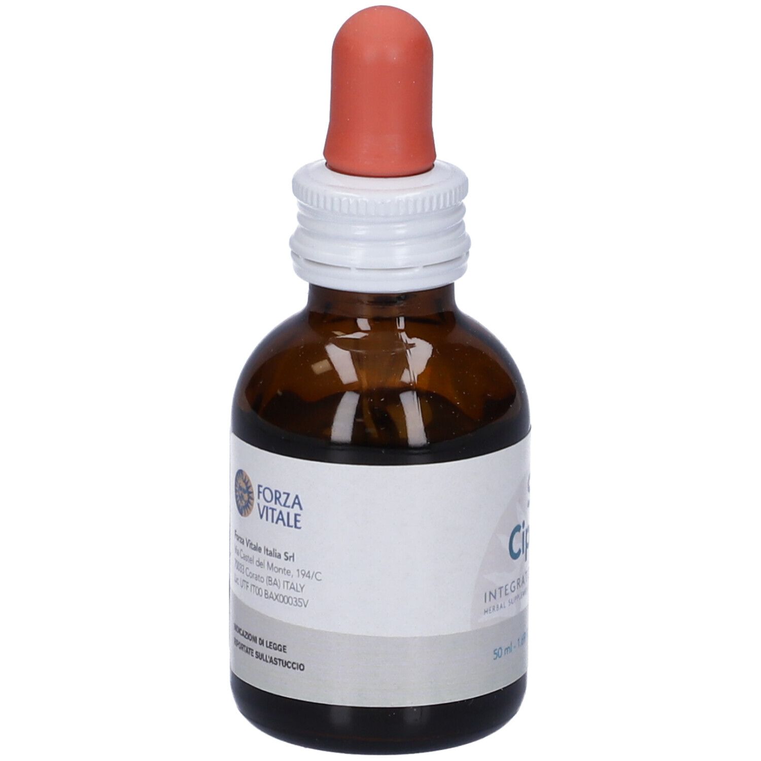 Flacone di vetro marrone con contagocce. Etichetta bianca con testo SYS Cipresso. Integratore alimentare.