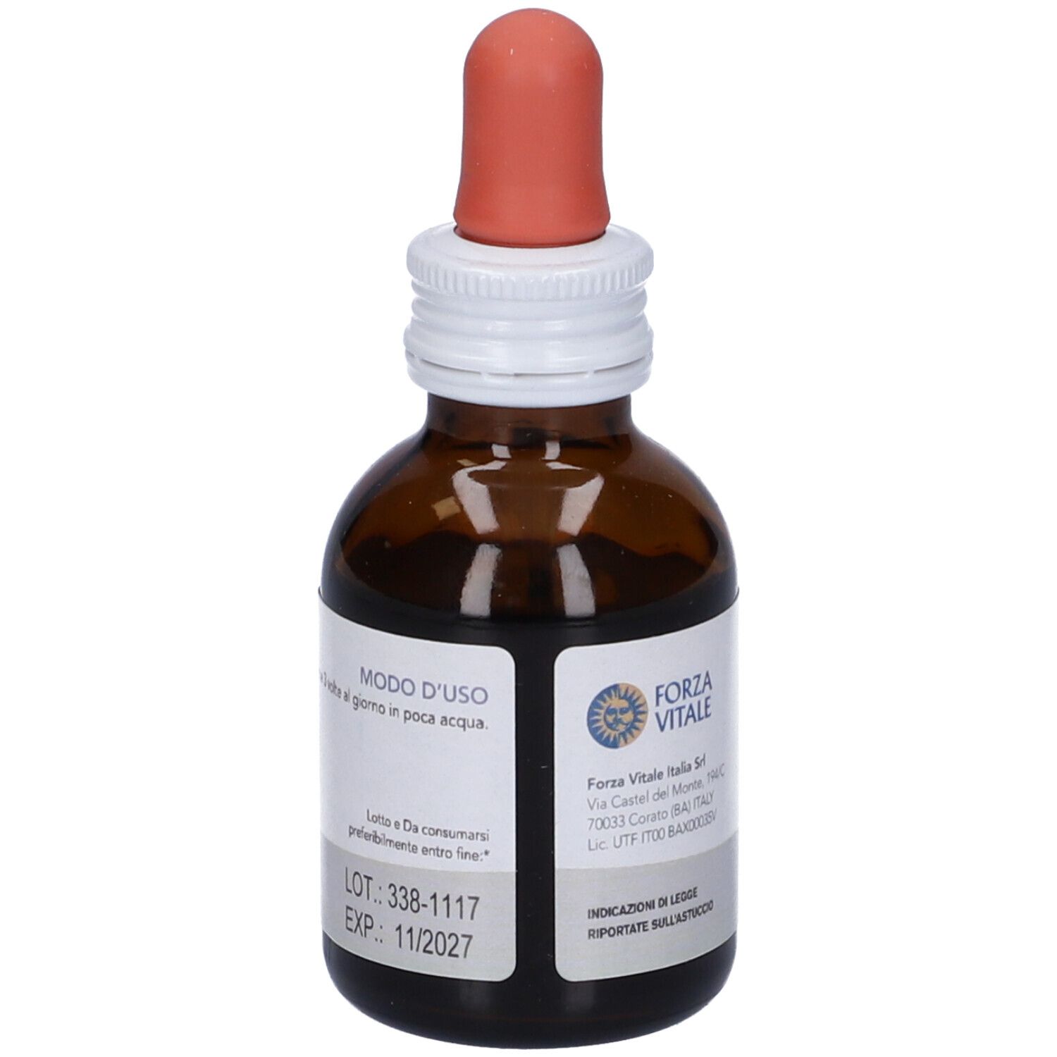 Flacone di vetro marrone con contagocce. Etichetta bianca con testo e logo Forza Vitale. Integratore alimentare.