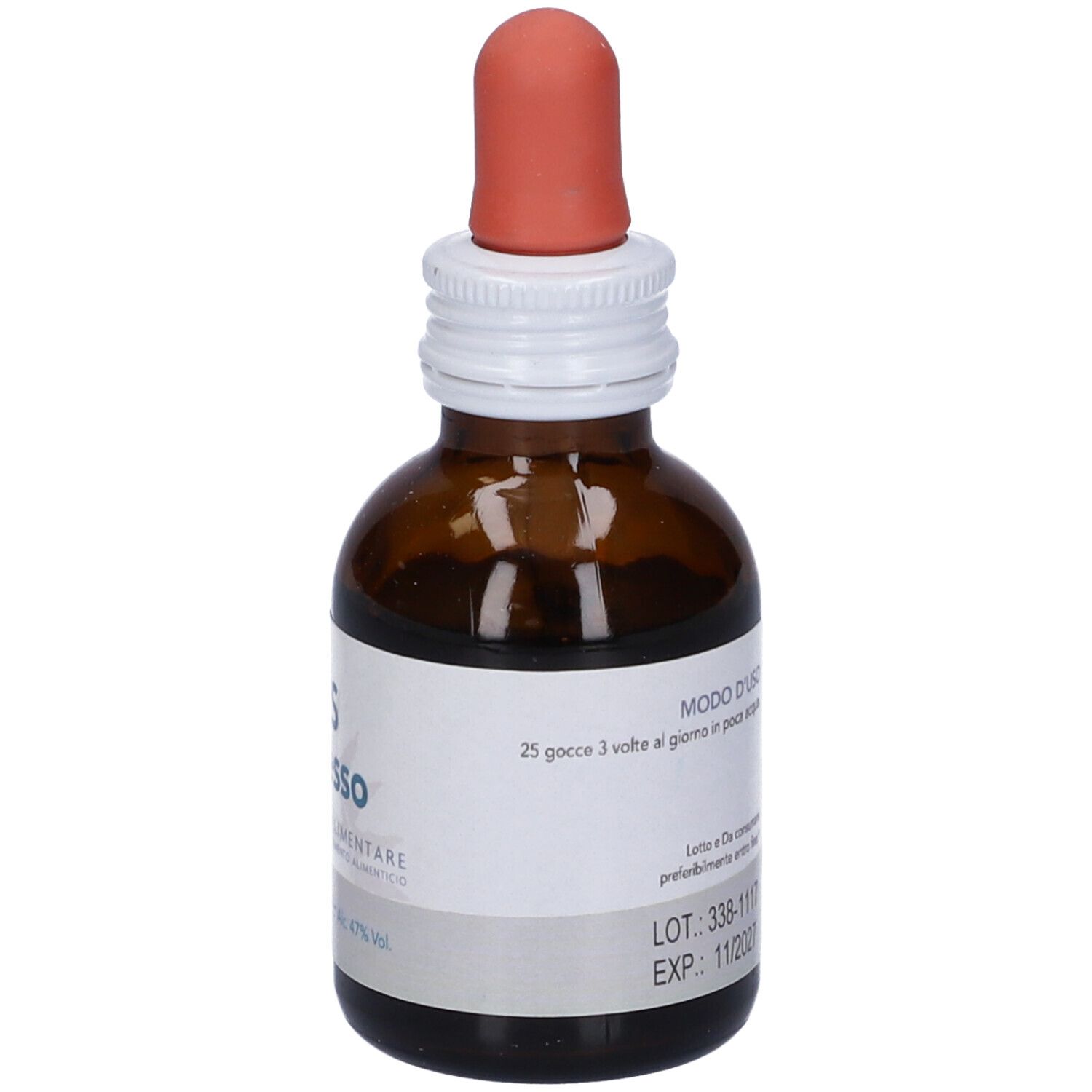 Flacone di vetro marrone con contagocce. Etichetta bianca con testo e logo Forza Vitale. Integratore alimentare.