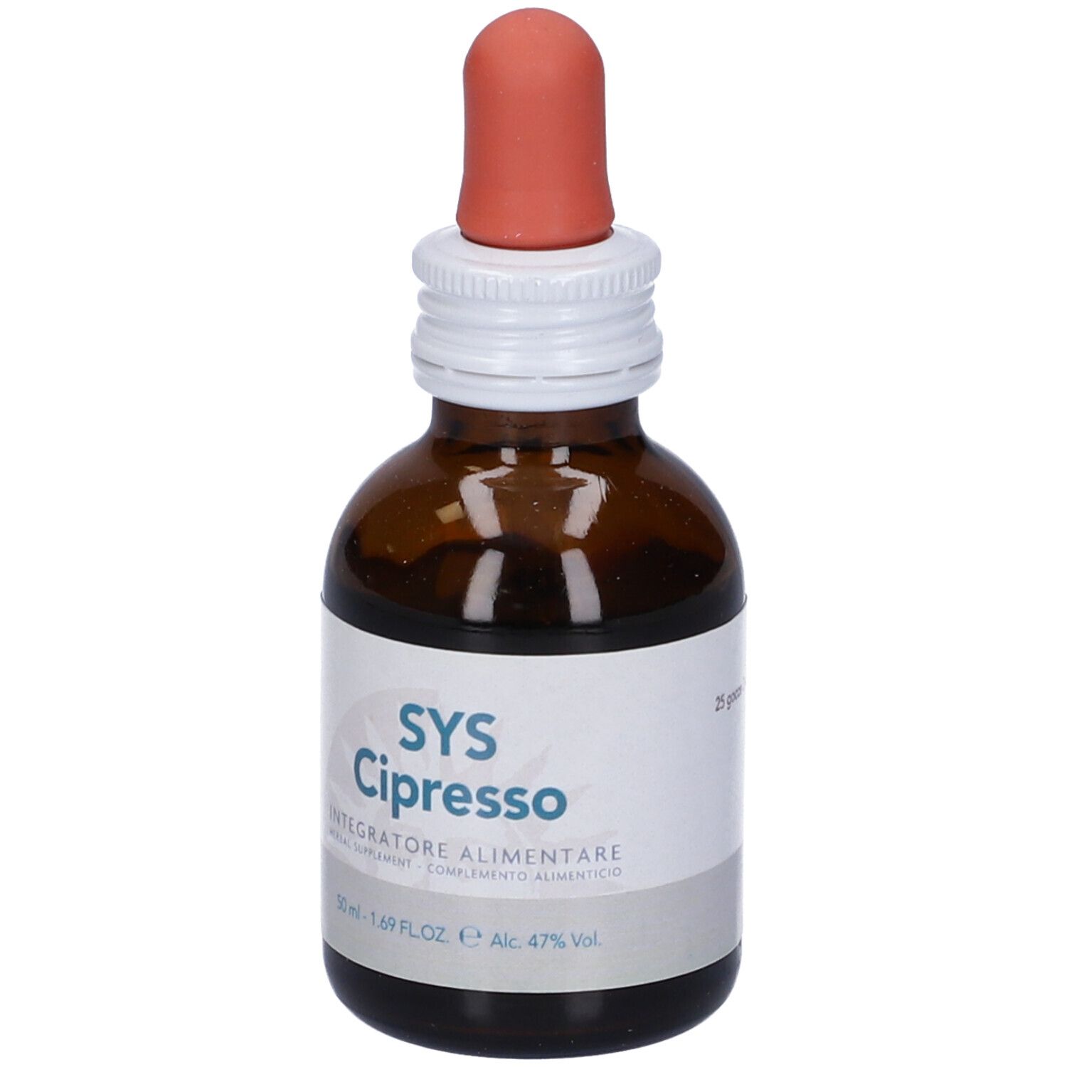 Flacone di vetro marrone con contagocce. Etichetta bianca con testo SYS Cipresso. Integratore alimentare.