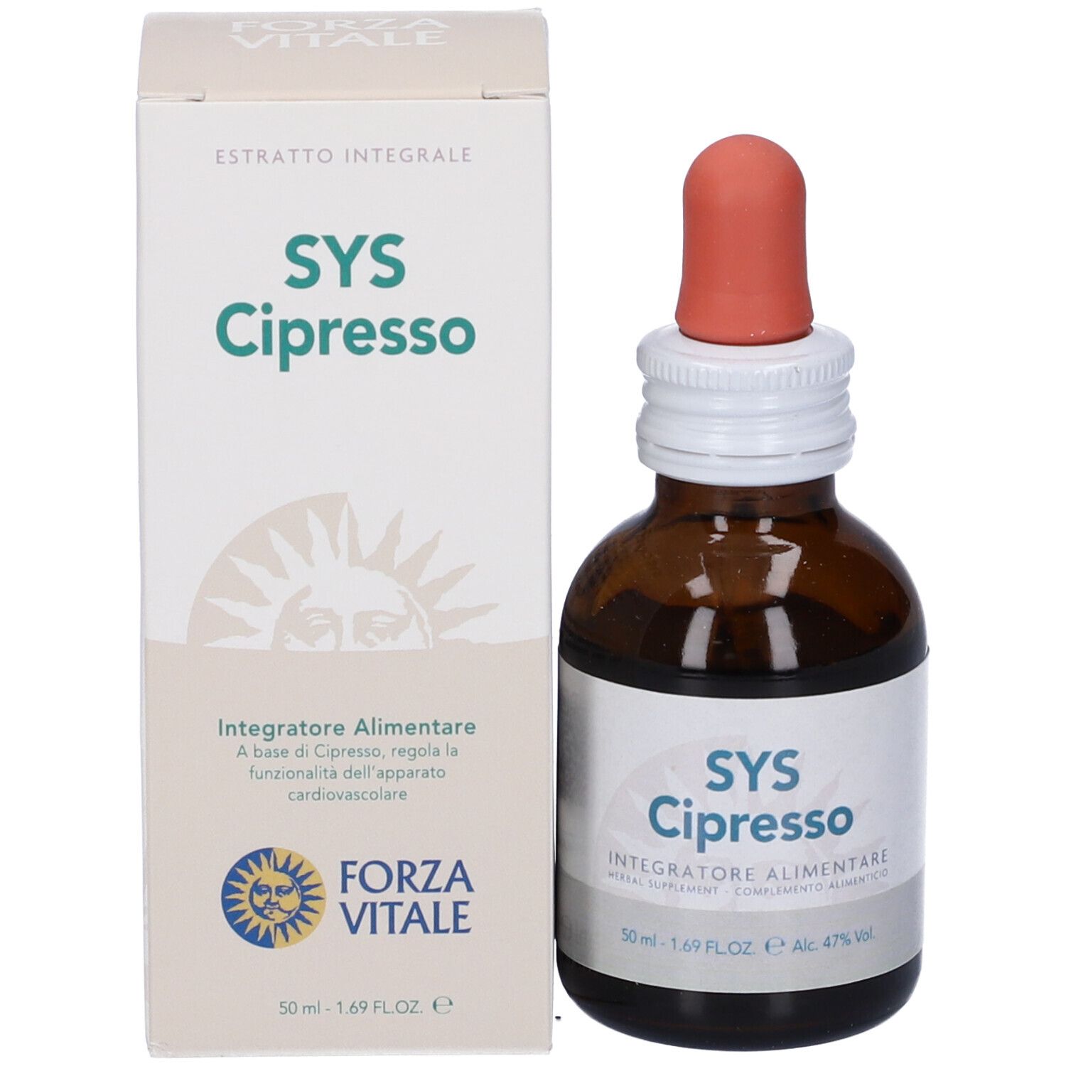 Flacone di vetro marrone con contagocce e scatola. Scatola con testo SYS Cipresso e logo Forza Vitale. Integratore alimentare.