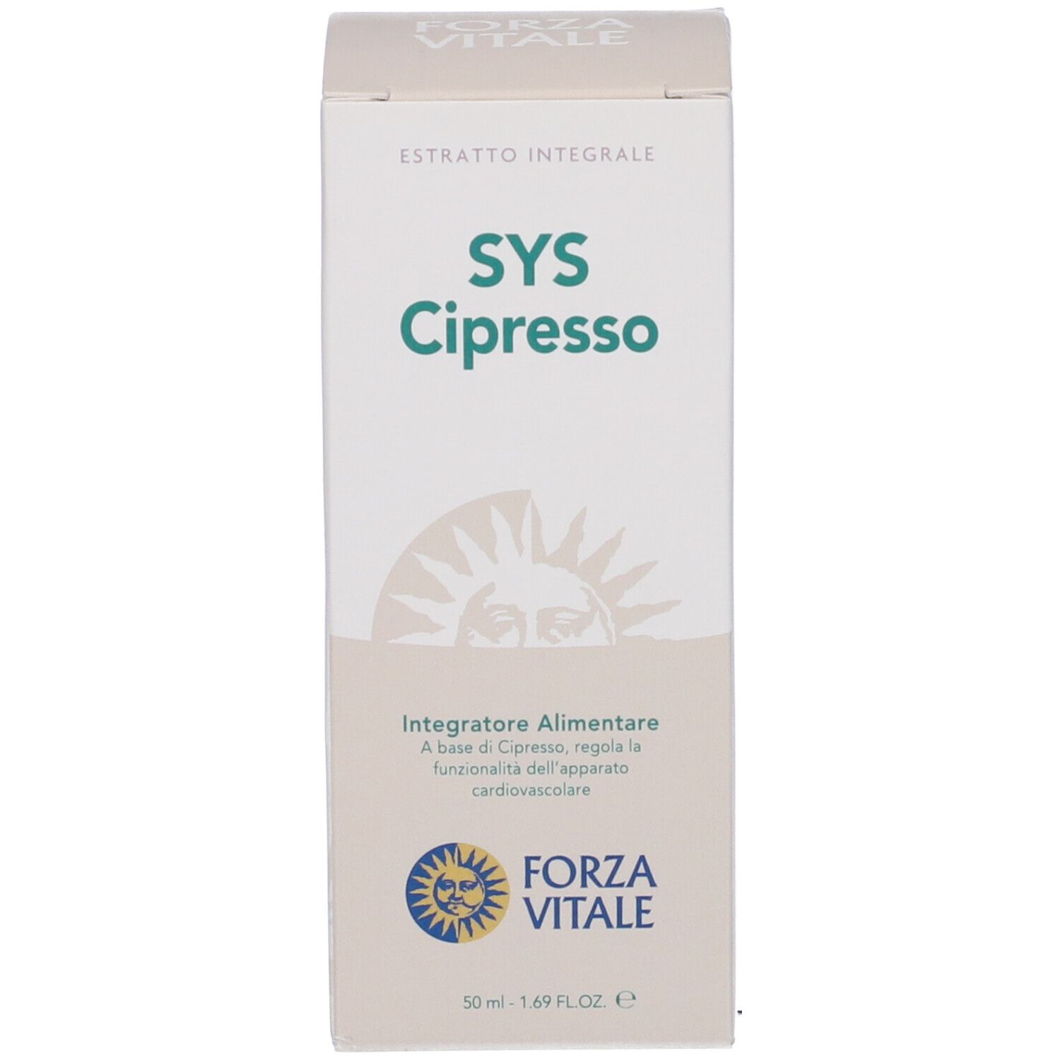 Scatola con testo SYS Cipresso e logo Forza Vitale. Integratore alimentare.