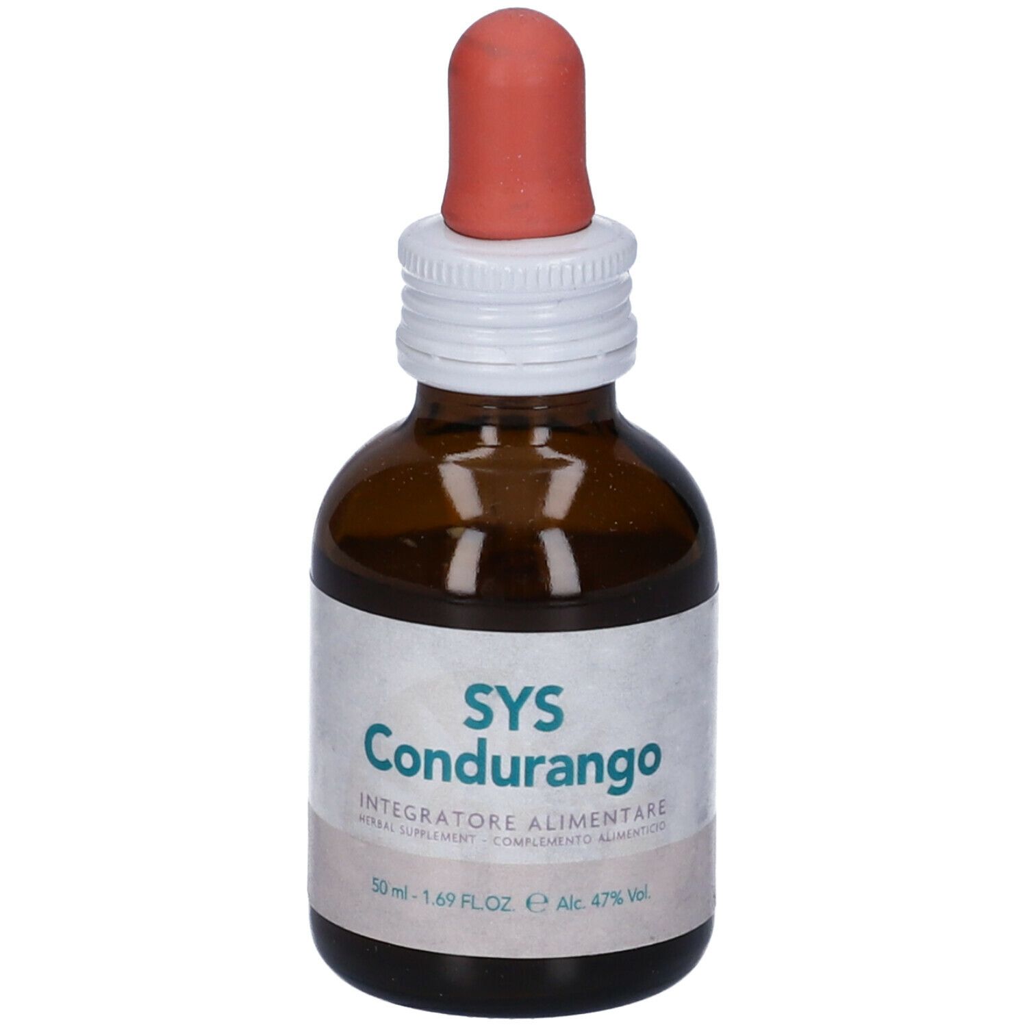 Flacone di vetro marrone con contagocce. Scritta: SYS Condurango, Integratore Alimentare. 50 ml, Alc 47% Vol.