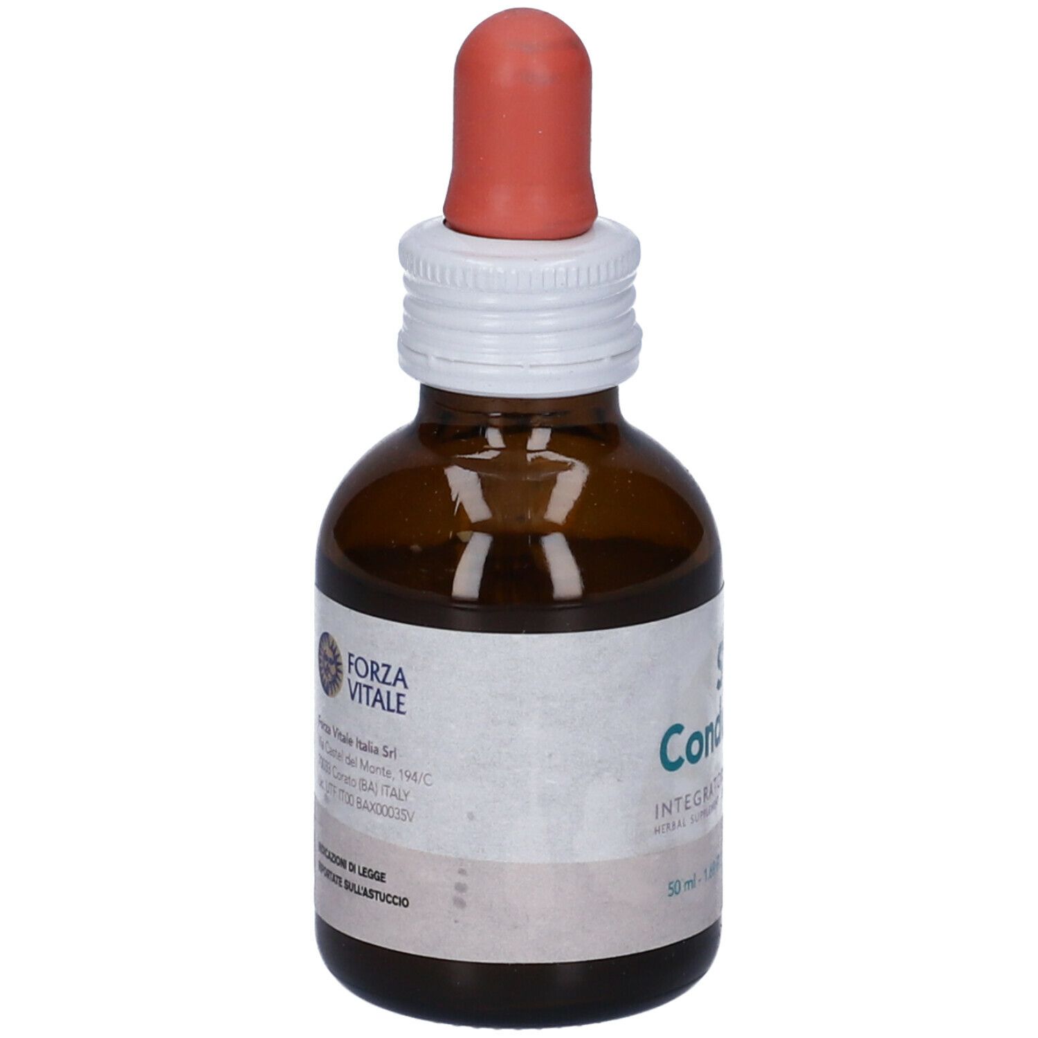 Flacone di vetro marrone con contagocce. Scritta: SYS Condurango, Integratore Alimentare. 50 ml, Alc 47% Vol.