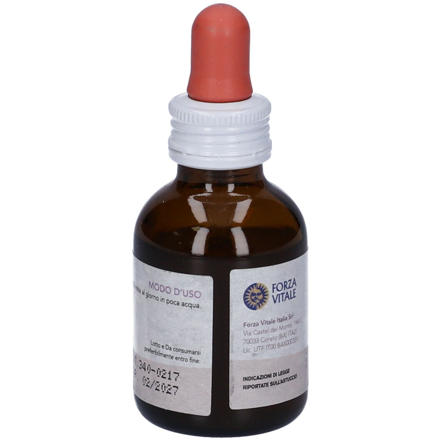 Flacone di vetro marrone con contagocce. Scritta: SYS Condurango, Integratore Alimentare. 50 ml, Alc 47% Vol.