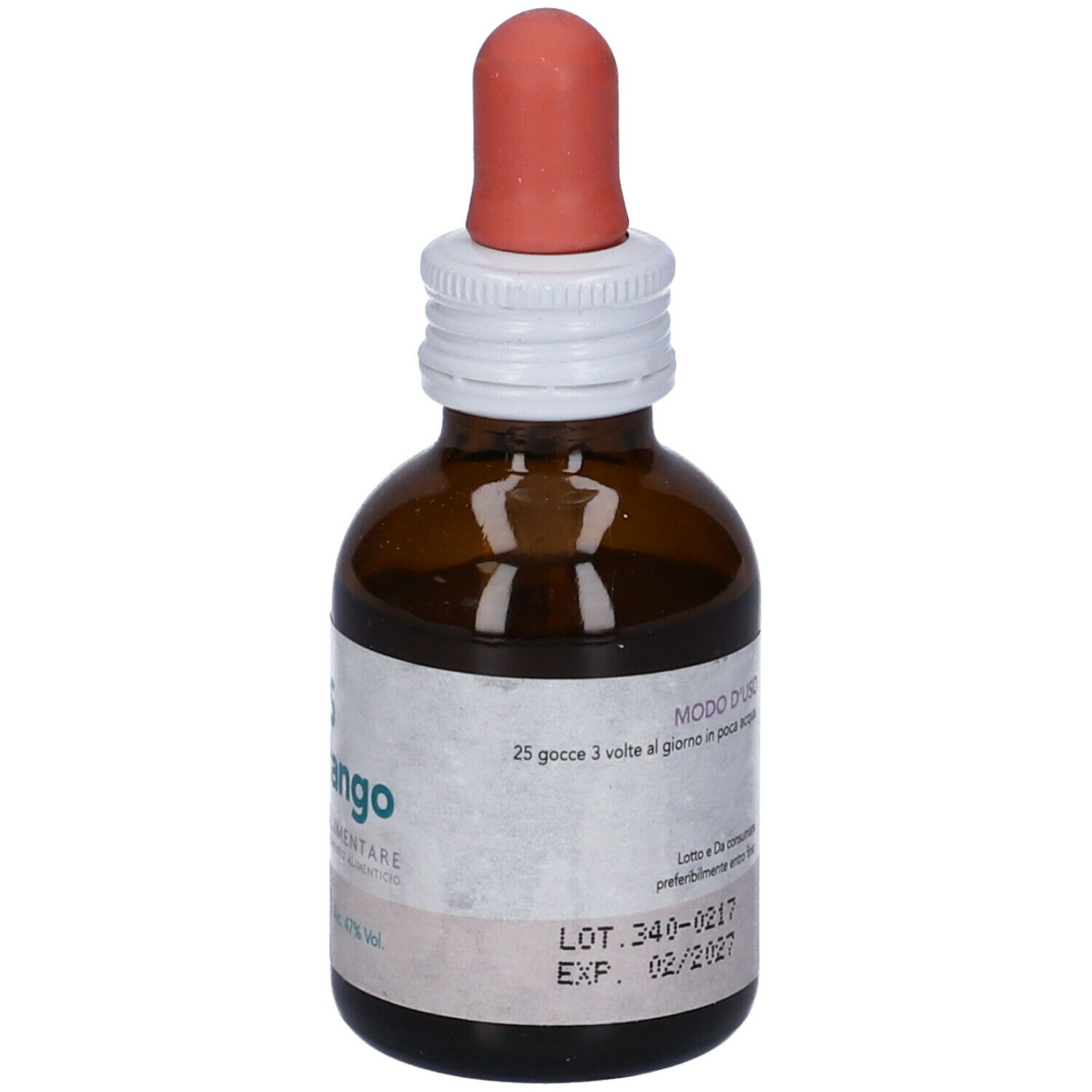 Flacone di vetro marrone con contagocce. Scritta: SYS Condurango, Integratore Alimentare. 50 ml, Alc 47% Vol.