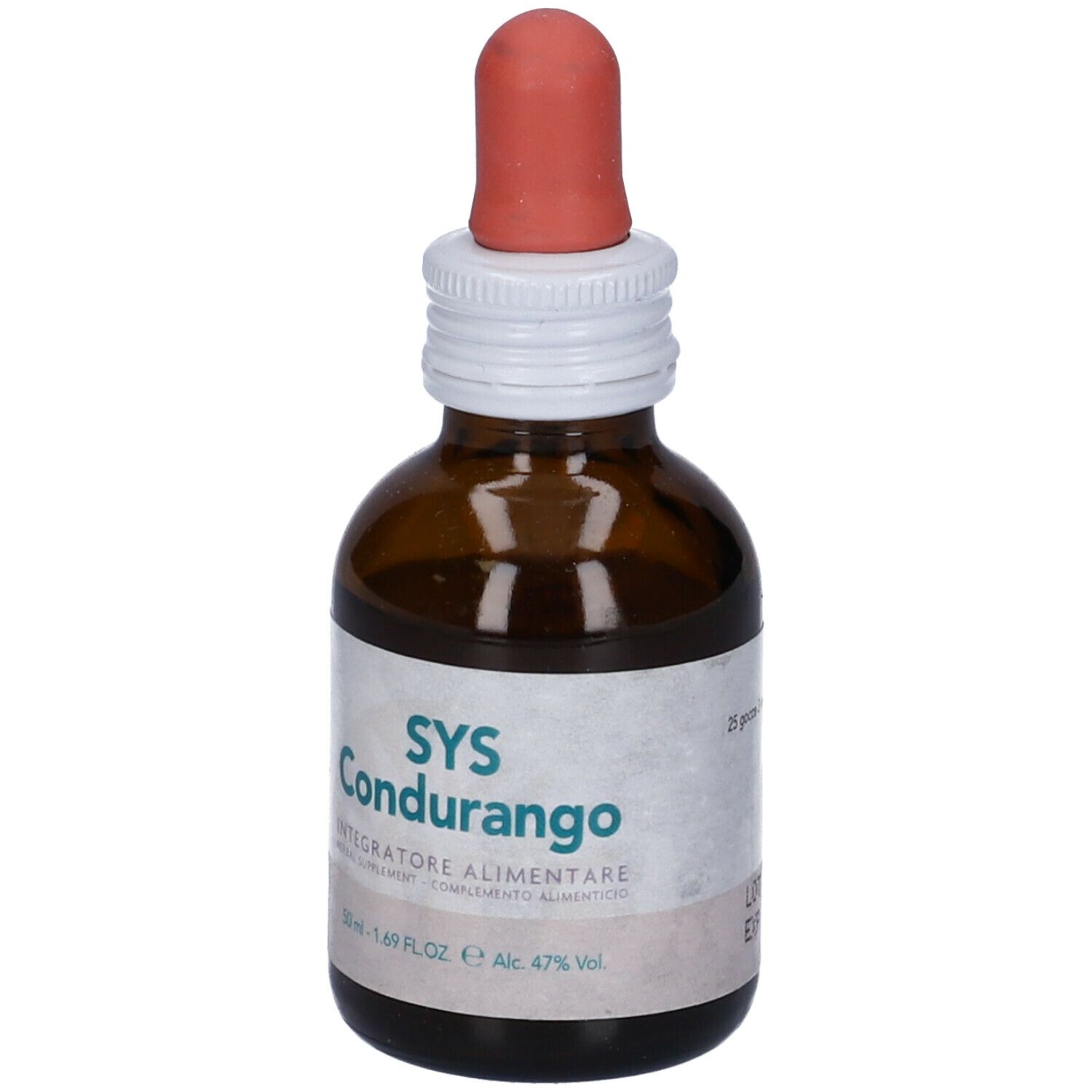 Flacone di vetro marrone con contagocce. Scritta: SYS Condurango, Integratore Alimentare. 50 ml, Alc 47% Vol.