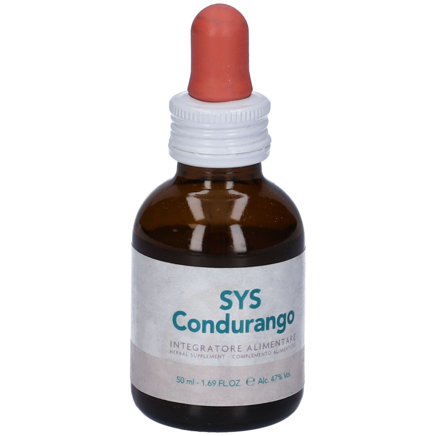 Flacone di vetro marrone con contagocce. Scritta: SYS Condurango, Integratore Alimentare. 50 ml, Alc 47% Vol.