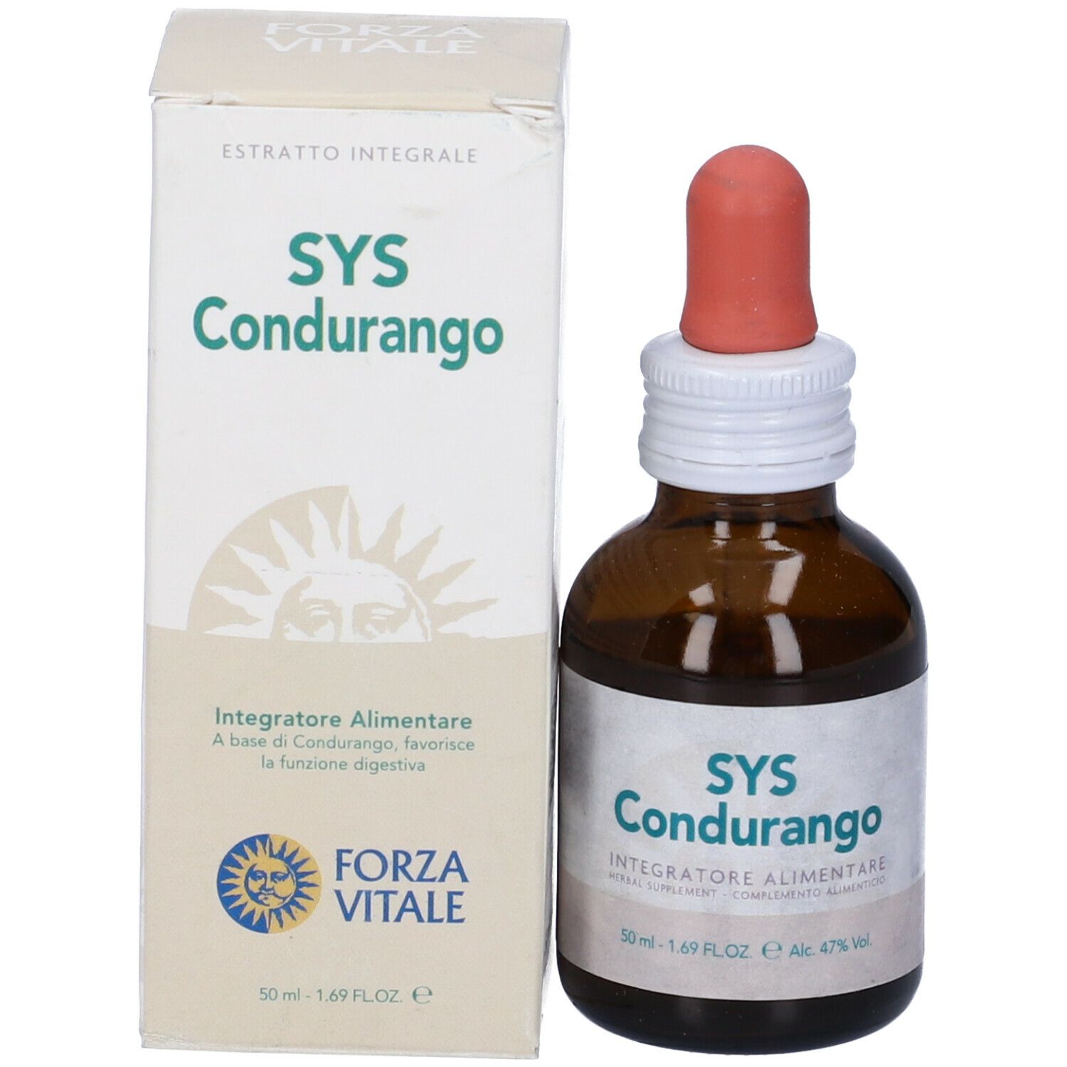 Flacone di vetro marrone con contagocce e scatola. Scritta: SYS Condurango, Integratore Alimentare. 50 ml.
