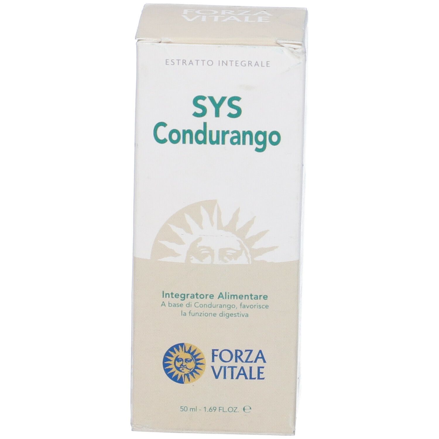 Scatola con scritta: SYS Condurango, Integratore Alimentare. Logo Forza Vitale. Testo in italiano.