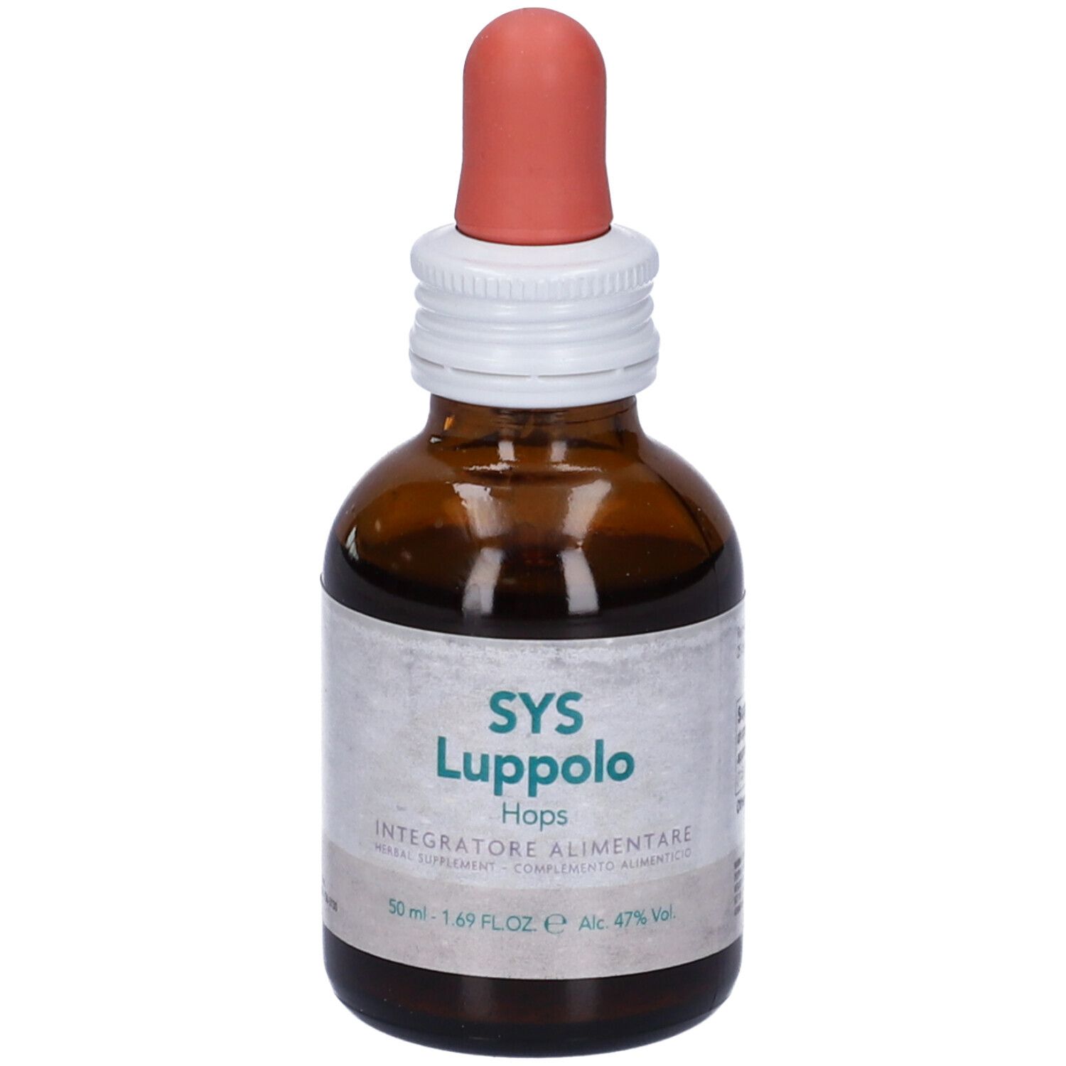 Flacone di vetro marrone con contagocce. Scritta SYS Luppolo Hops, Integratore Alimentare. 50 ml.