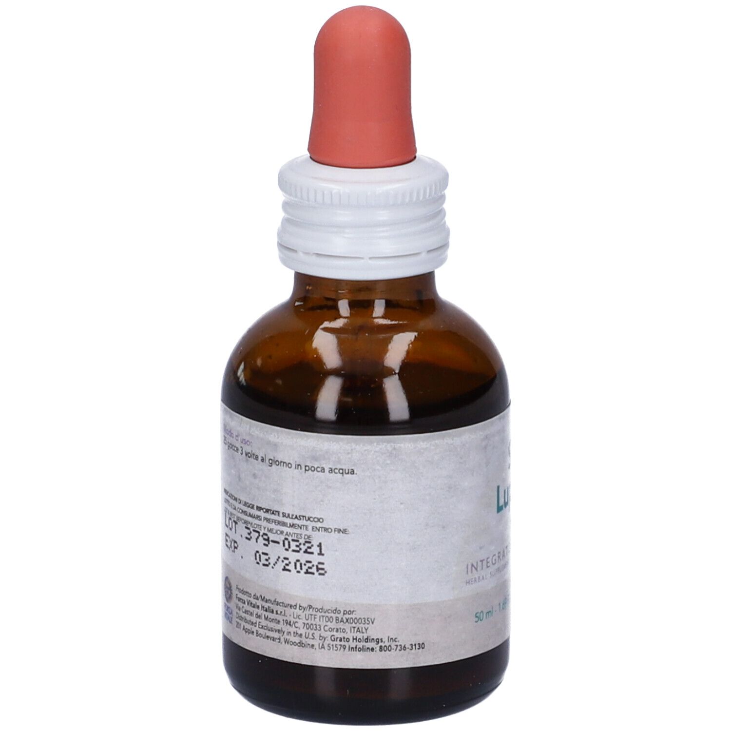 Flacone di vetro marrone con contagocce. Scritta SYS Luppolo Hops, Integratore Alimentare. Etichetta con ingredienti.