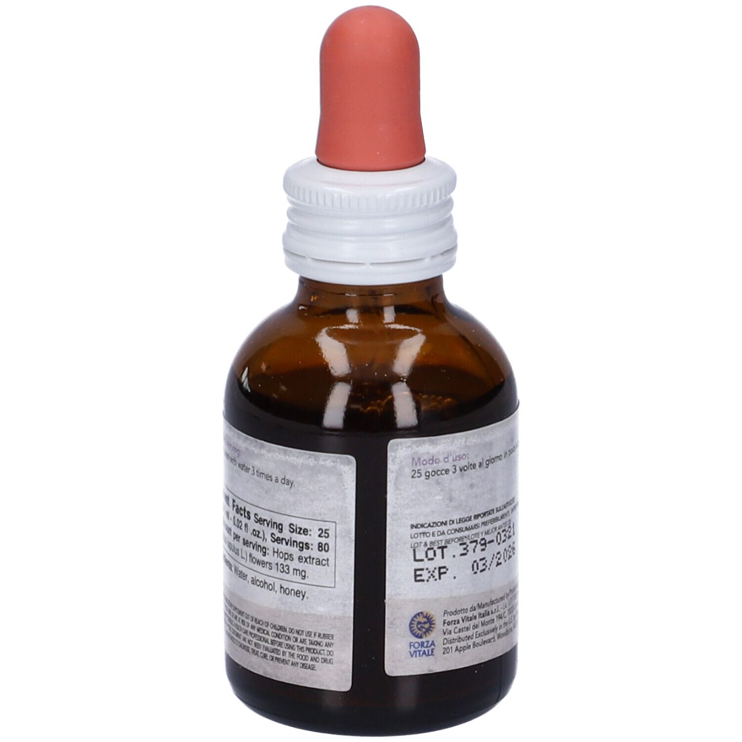 Flacone di vetro marrone con contagocce. Scritta SYS Luppolo Hops, Integratore Alimentare. Etichetta con ingredienti.