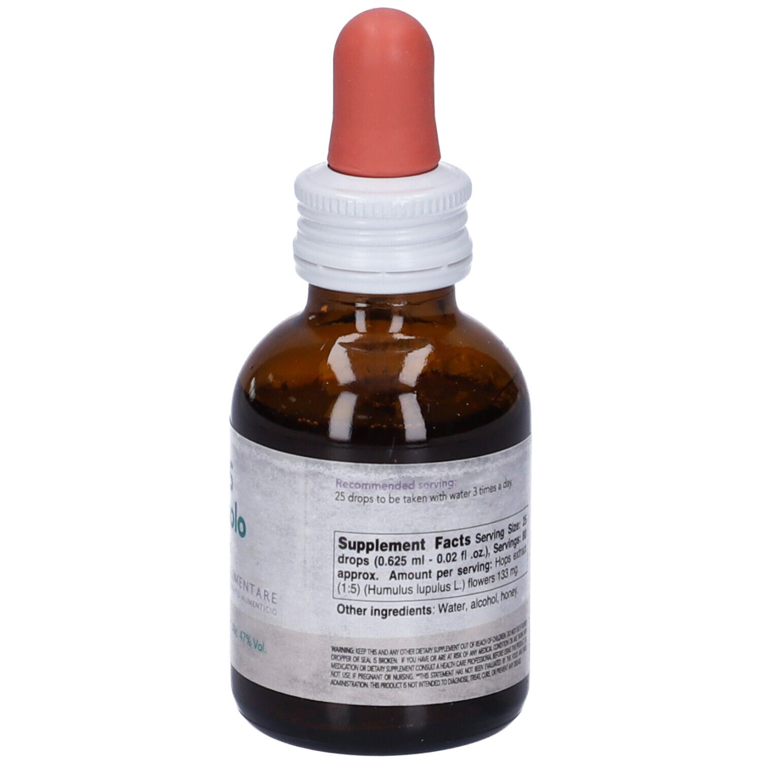 Flacone di vetro marrone con contagocce. Scritta SYS Luppolo Hops, Integratore Alimentare. Etichetta con ingredienti.