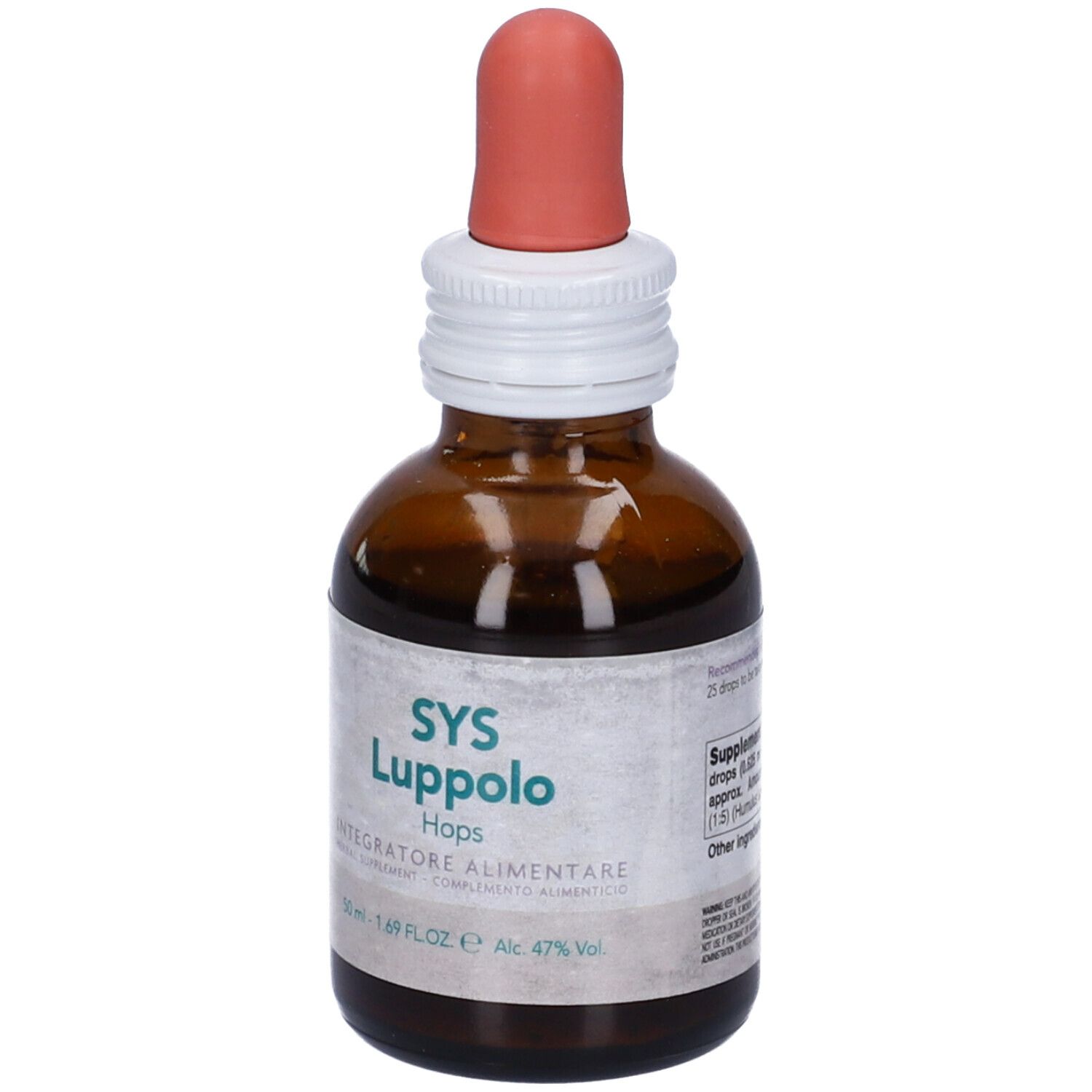 Flacone di vetro marrone con contagocce. Scritta SYS Luppolo Hops, Integratore Alimentare. 50 ml.