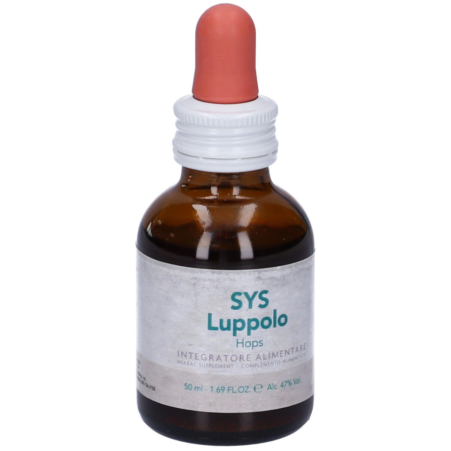 Flacone di vetro marrone con contagocce. Scritta SYS Luppolo Hops, Integratore Alimentare. 50 ml.