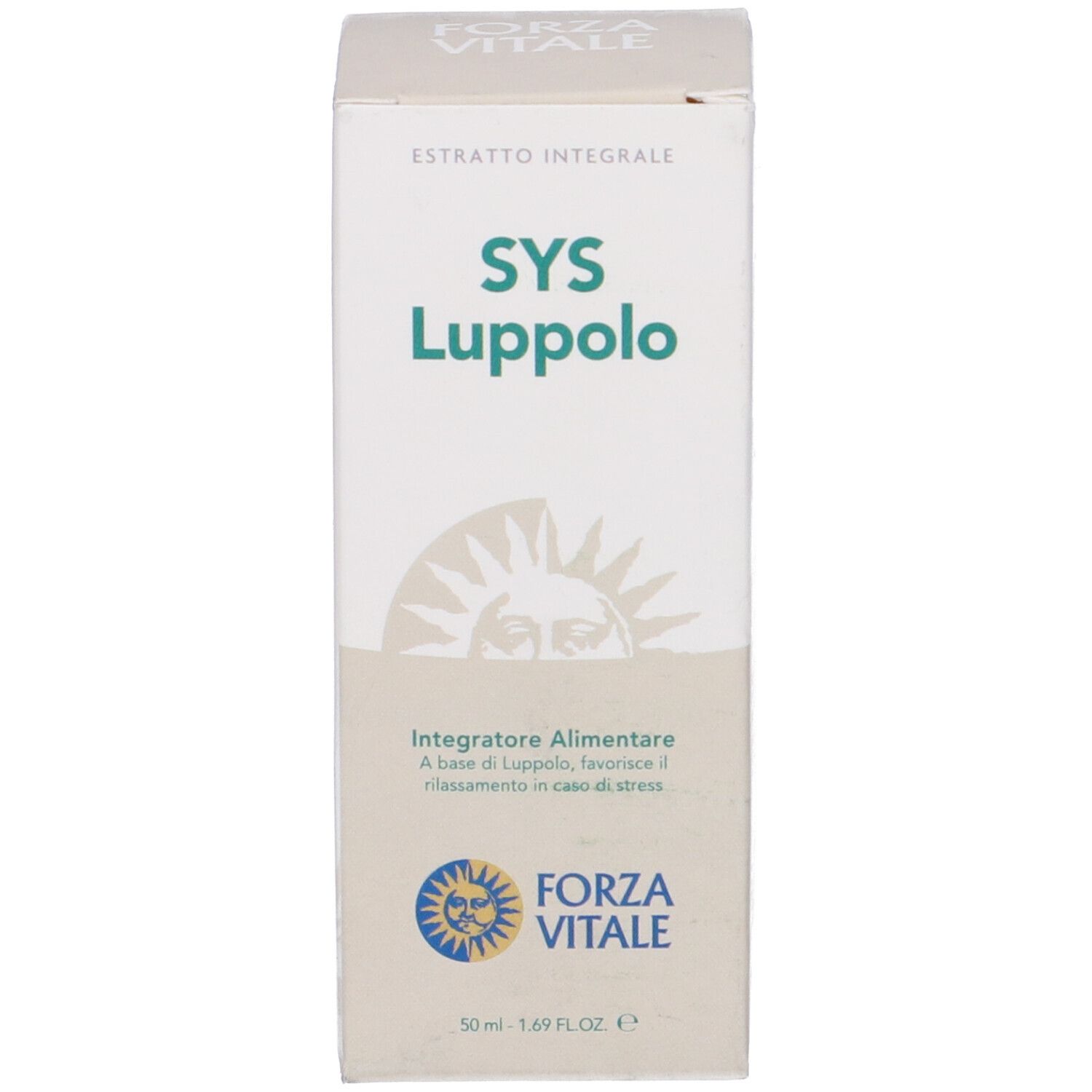Scatola con scritta SYS Luppolo, Integratore Alimentare. Marchio Forza Vitale. 50 ml.
