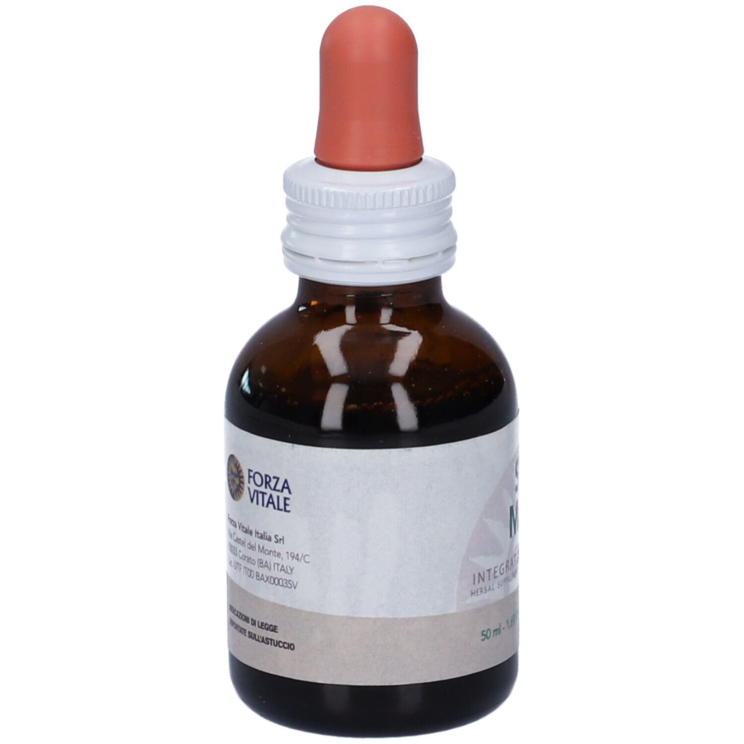 Flacone di vetro marrone con etichetta bianca. Scritta SYS Malva. Contagocce. Marchio Forza Vitale.