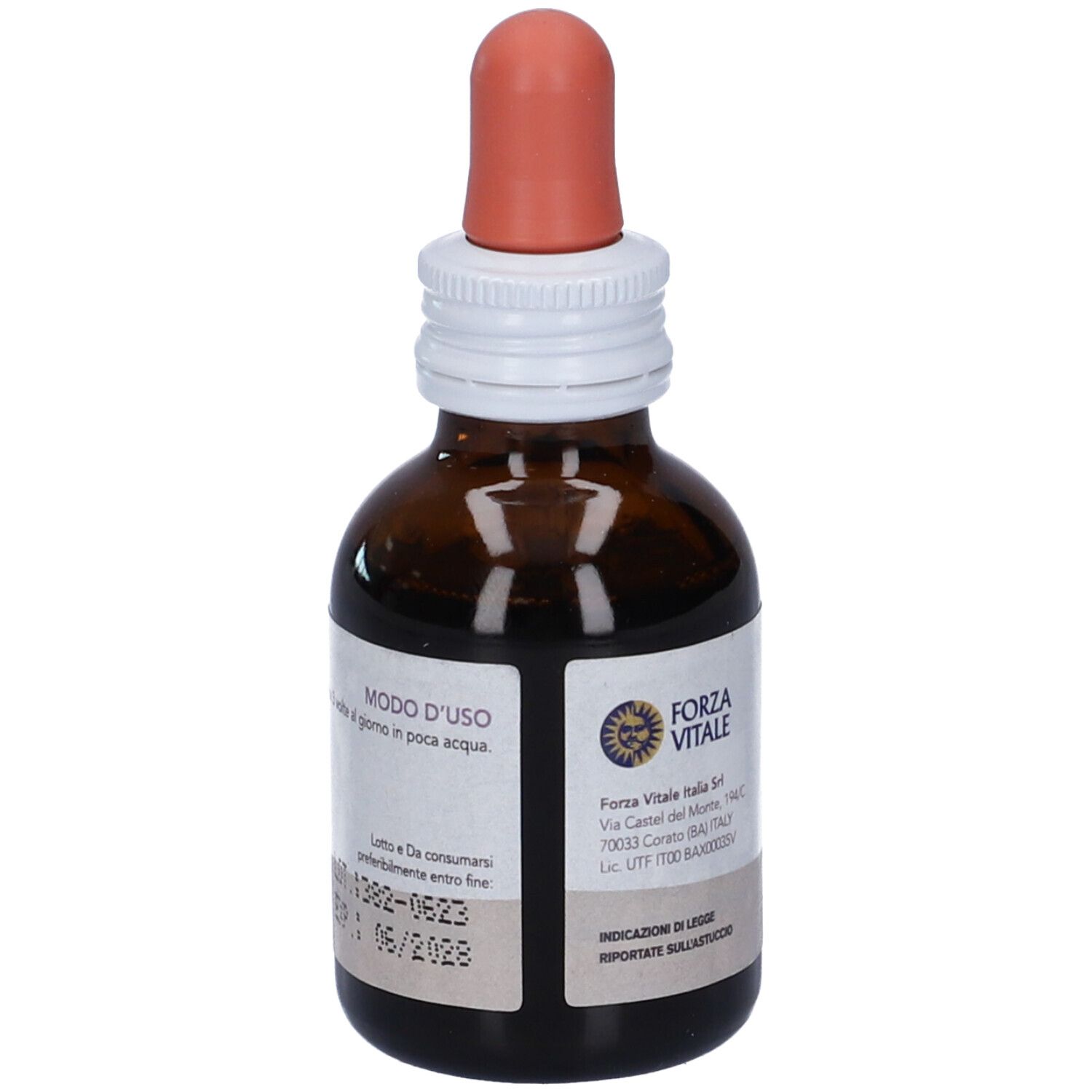 Flacone di vetro marrone con etichetta bianca. Scritta SYS Malva. Contagocce. Informazioni sul retro.