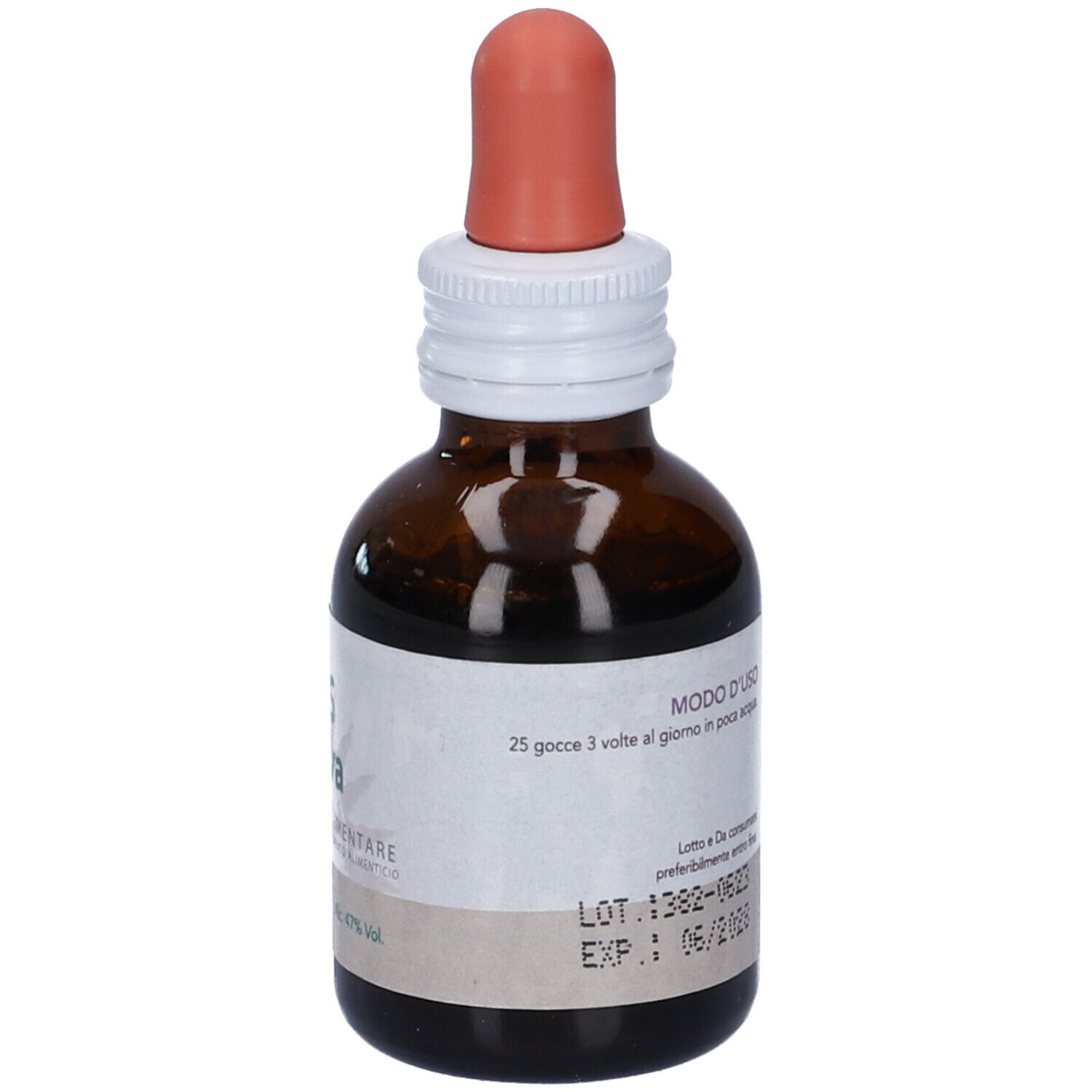 Flacone di vetro marrone con etichetta bianca. Scritta SYS Malva. Contagocce. Istruzioni per il dosaggio.