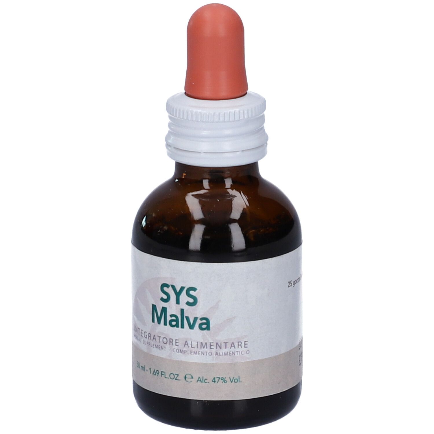 Flacone di vetro marrone con etichetta bianca. Scritta SYS Malva. Contagocce. Integratore alimentare.