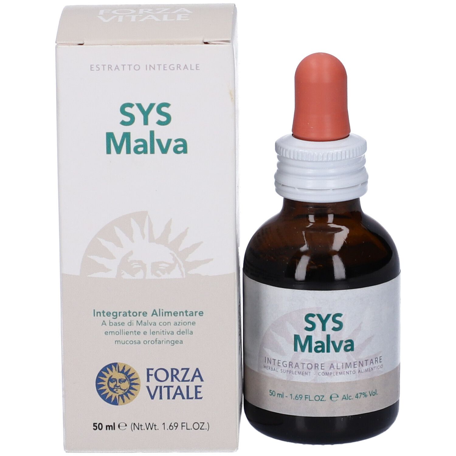 Flacone e confezione del prodotto. Scritta SYS Malva. Contagocce. Marchio Forza Vitale.