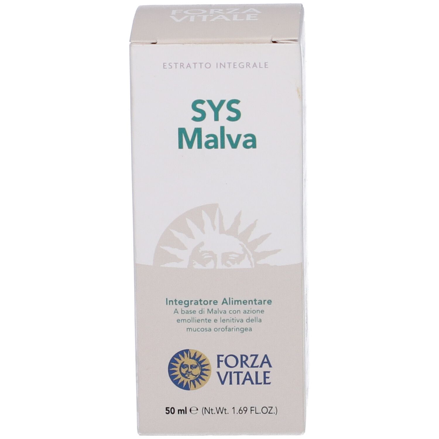 Confezione del prodotto. Scritta SYS Malva. Marchio Forza Vitale. Integratore alimentare.