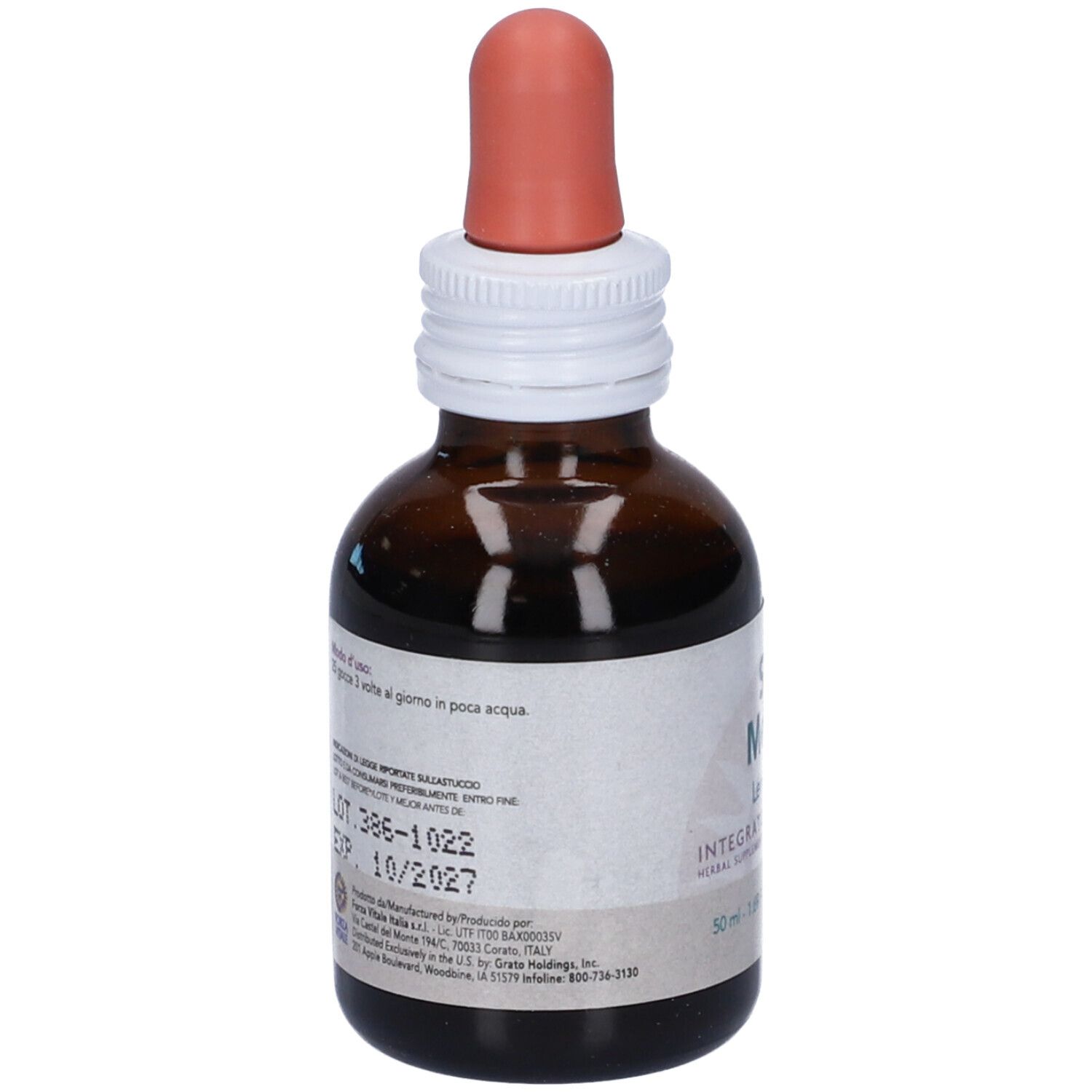 Flacone di vetro marrone con contagocce. Etichetta SYS Melissa, Lemon Balm. 50ml, 47% Vol. Scritta: LOT 386-1022, EXP 10/2027. Tappo bianco.