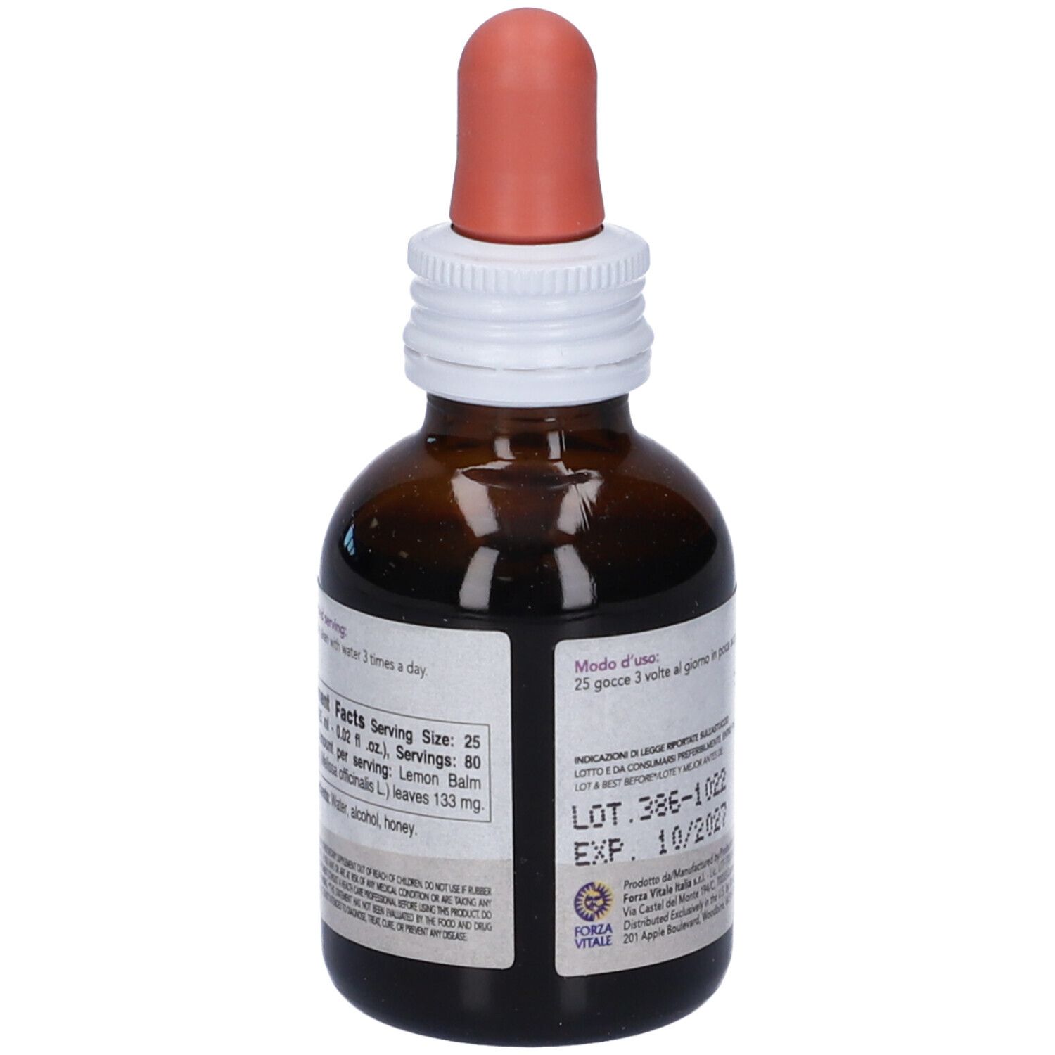 Flacone di vetro marrone con contagocce. Etichetta SYS Melissa, Lemon Balm. 50ml, 47% Vol. Scritta: Dosaggio: 25 gocce. Tappo bianco.