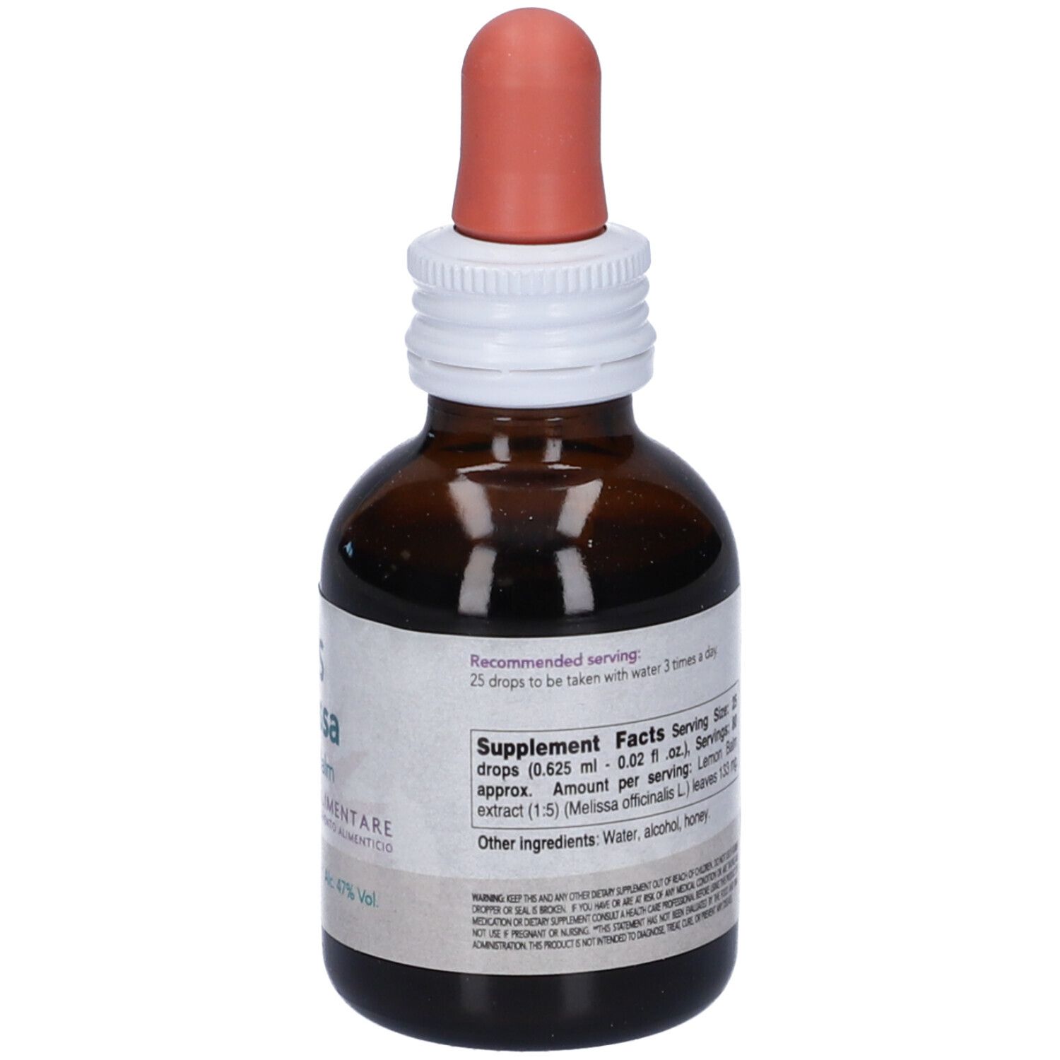 Flacone di vetro marrone con contagocce. Etichetta SYS Melissa, Lemon Balm. 50ml, 47% Vol. Scritta: Ingredienti. Tappo bianco, contagocce rosa.