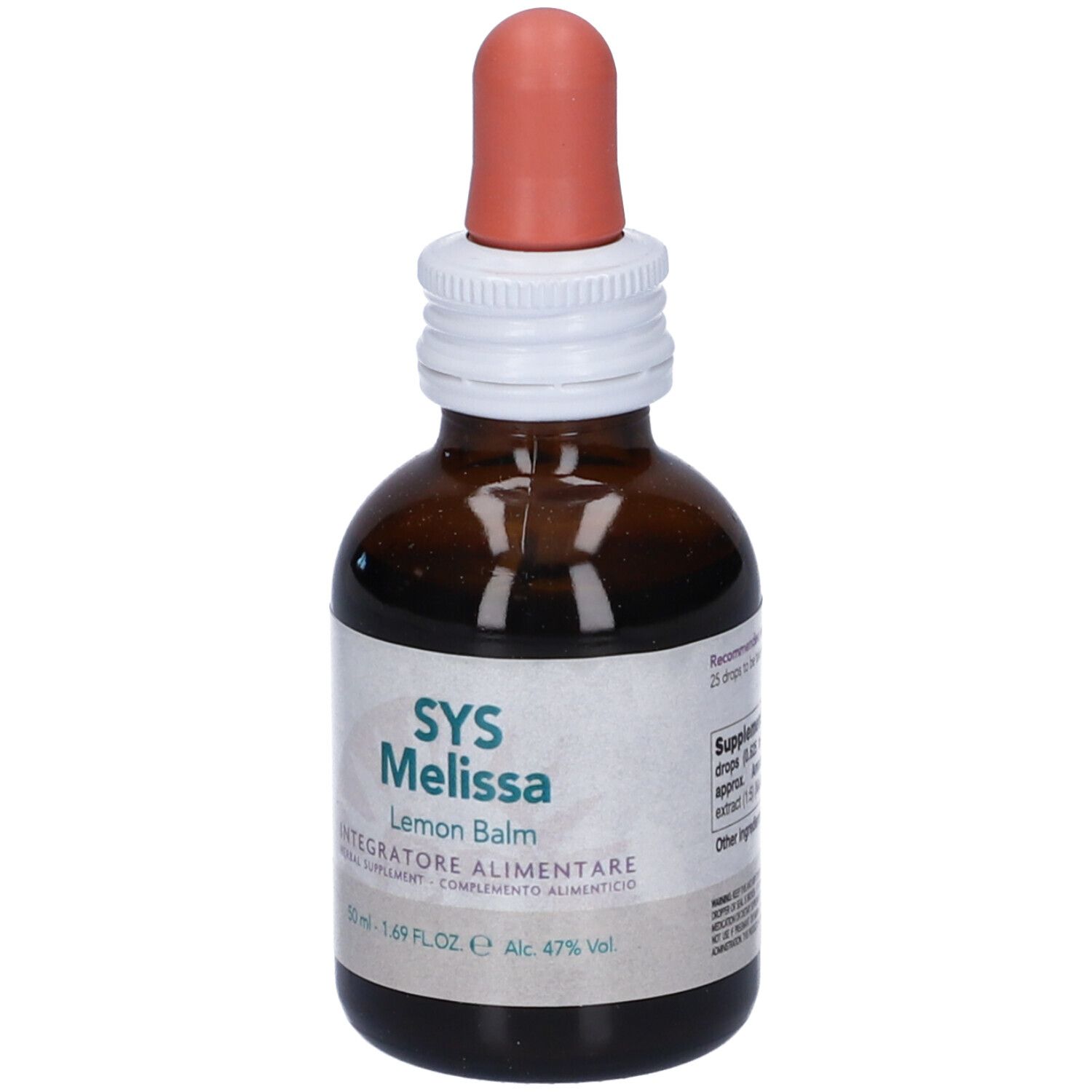 Flacone di vetro marrone con contagocce. Etichetta SYS Melissa, Lemon Balm. 50ml, 47% Vol. Tappo bianco, contagocce rosa.