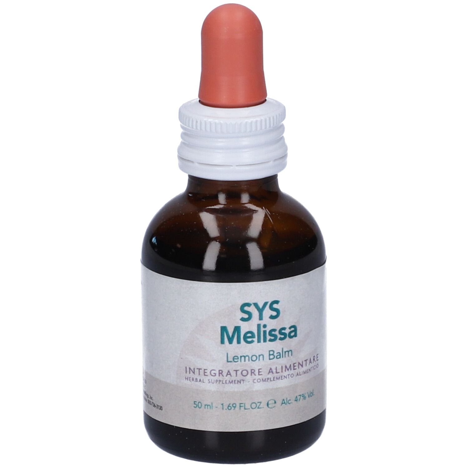 Flacone di vetro marrone con contagocce. Etichetta SYS Melissa, Lemon Balm. 50ml, 47% Vol. Tappo bianco, contagocce rosa.