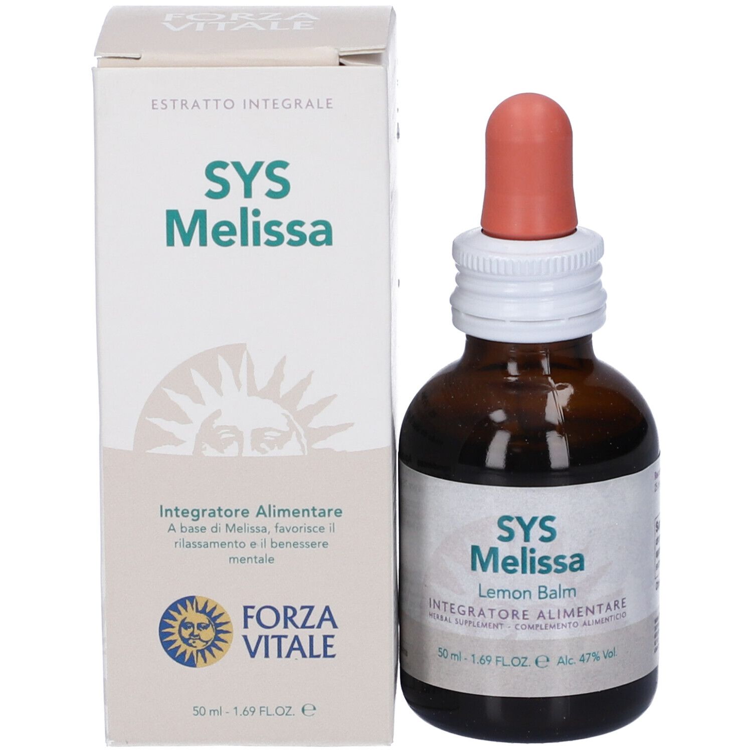 Confezione prodotto con flacone. Scatola bianca con logo SYS Melissa. Flacone marrone con contagocce. 50ml, 47% Vol. Logo FORZA VITALE.