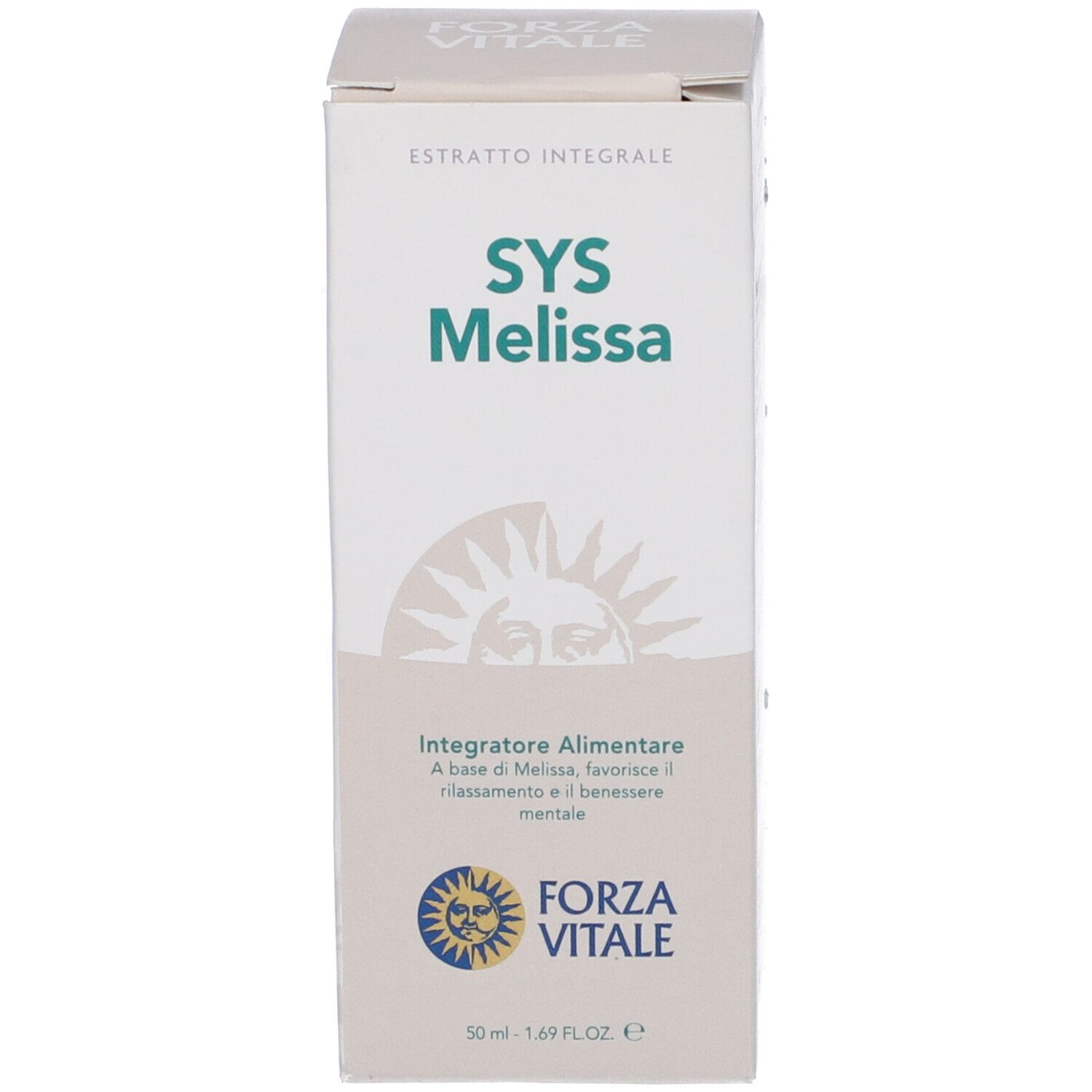 Confezione prodotto bianca. Logo SYS Melissa. Logo FORZA VITALE. Testo: Integratore Alimentare. Simbolo sole.