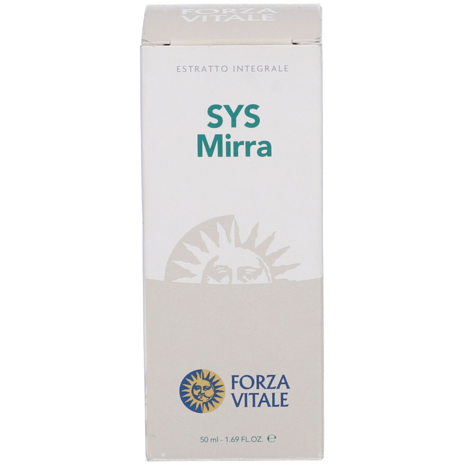 Scatola bianca con nome del prodotto e logo. Sfondo bianco.