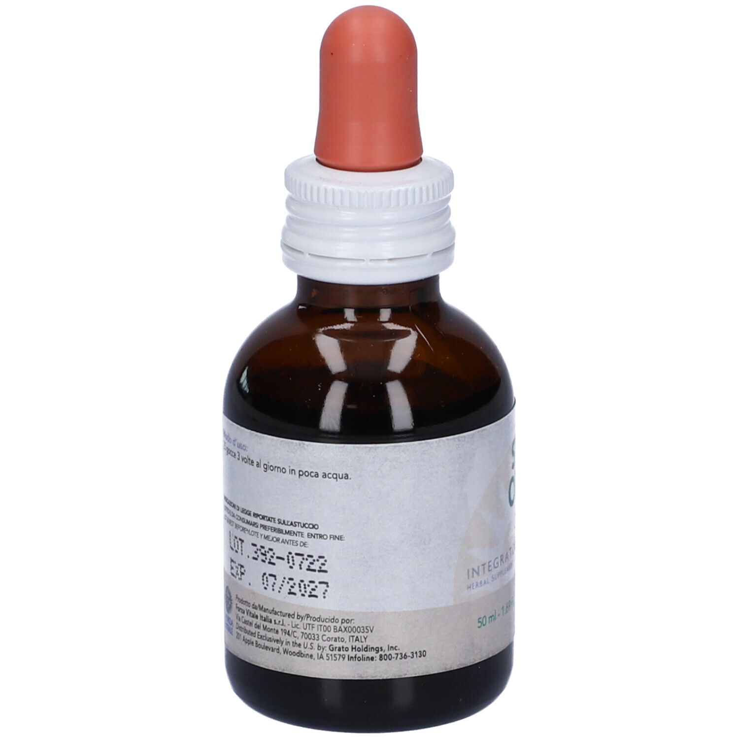 Flacone di vetro marrone con contagocce. Etichetta SYS Olivo, Olive. Informazioni sul retro.