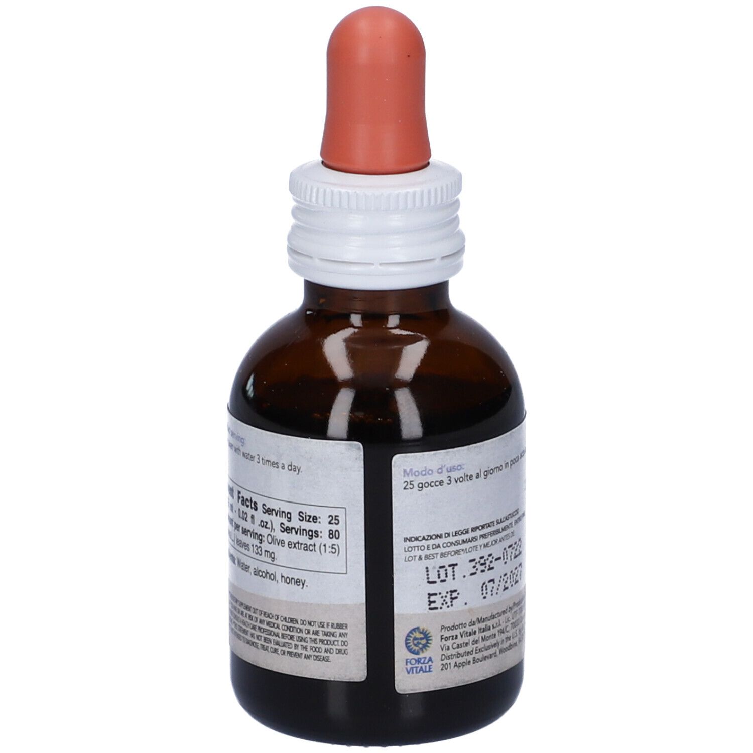 Flacone di vetro marrone con contagocce. Etichetta SYS Olivo, Olive. Informazioni sul retro.
