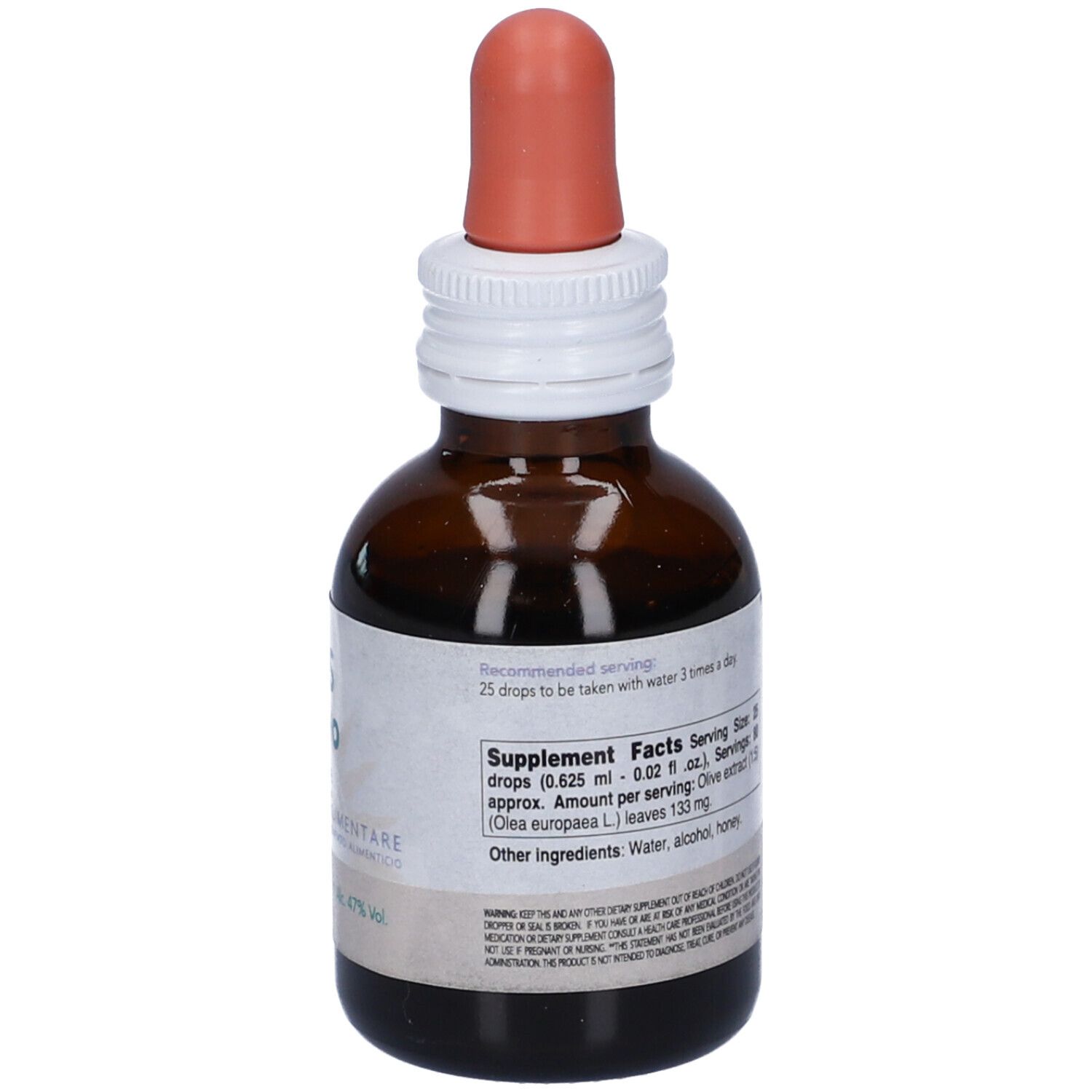 Flacone di vetro marrone con contagocce. Etichetta SYS Olivo, Olive. Informazioni nutrizionali.