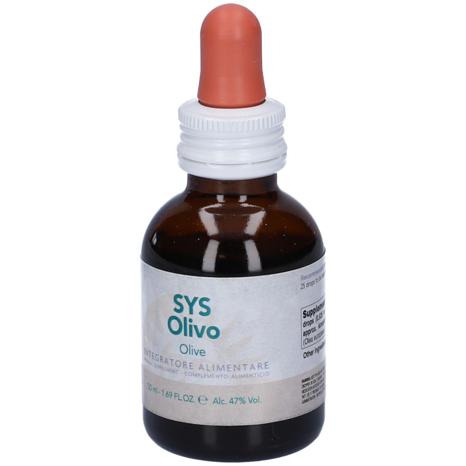 Flacone di vetro marrone con contagocce. Etichetta SYS Olivo, Olive. Integratore alimentare.