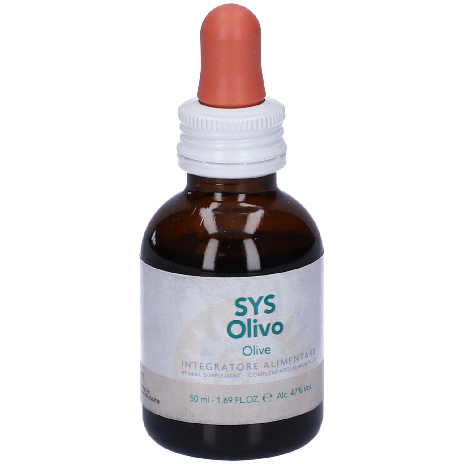 Flacone di vetro marrone con contagocce. Etichetta SYS Olivo, Olive. Integratore alimentare.