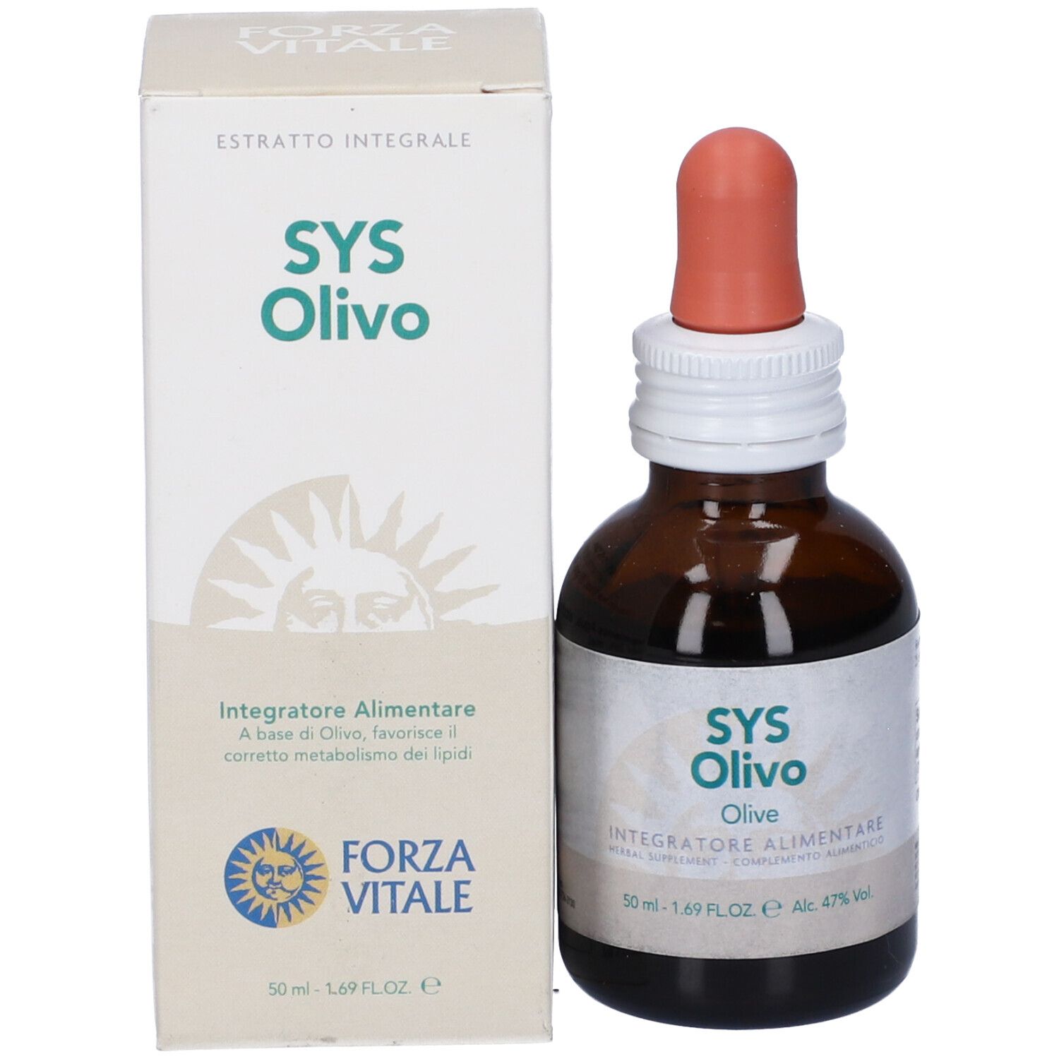 Flacone e scatola SYS Olivo. Scatola con SYS Olivo, Olive. Integratore alimentare.