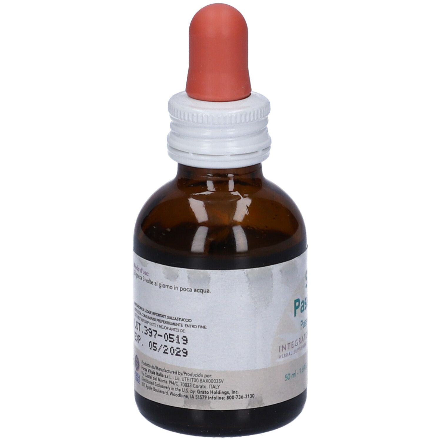 Flacone di vetro marrone con contagocce. Etichetta SYS Passiflora, integratore alimentare. Contagocce rosso. Stampa con lotto e scadenza.