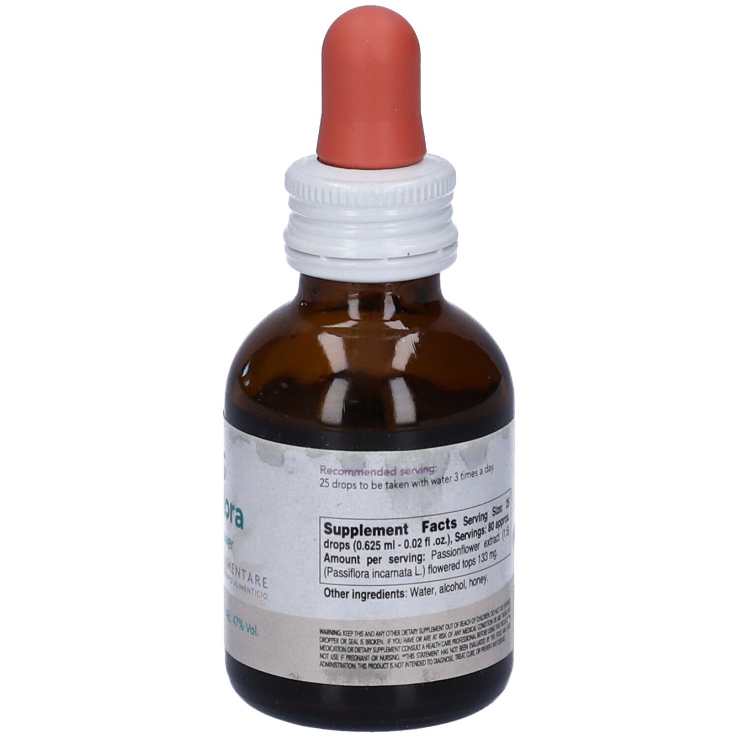 Flacone di vetro marrone con contagocce. Etichetta SYS Passiflora, integratore alimentare. Contagocce rosso. Retro con informazioni nutrizionali.