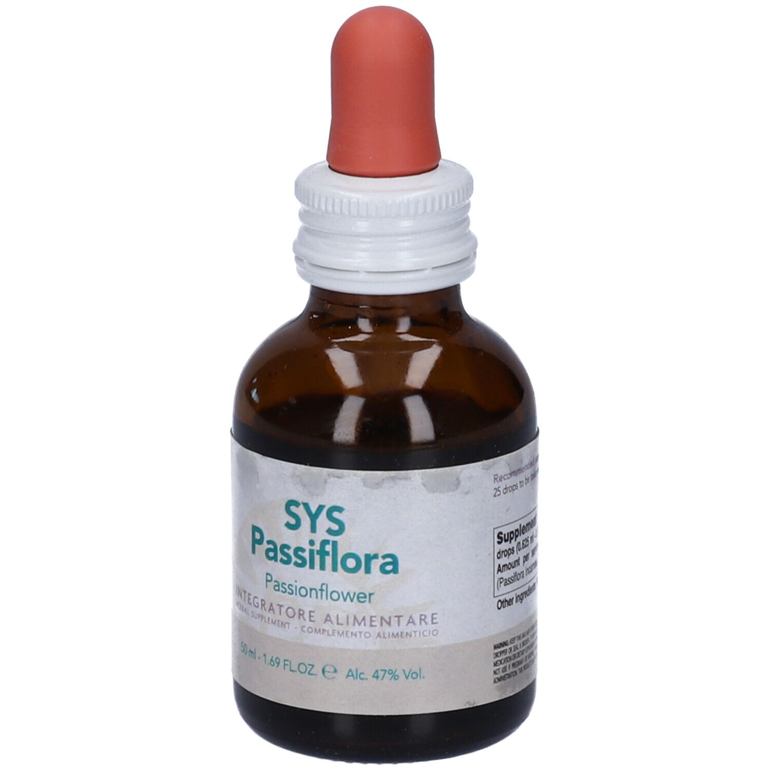 Flacone di vetro marrone con contagocce. Etichetta SYS Passiflora, integratore alimentare. Contagocce rosso.
