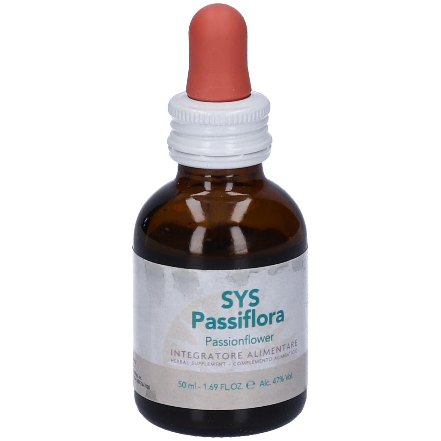 Flacone di vetro marrone con contagocce. Etichetta SYS Passiflora, integratore alimentare. Contagocce rosso.