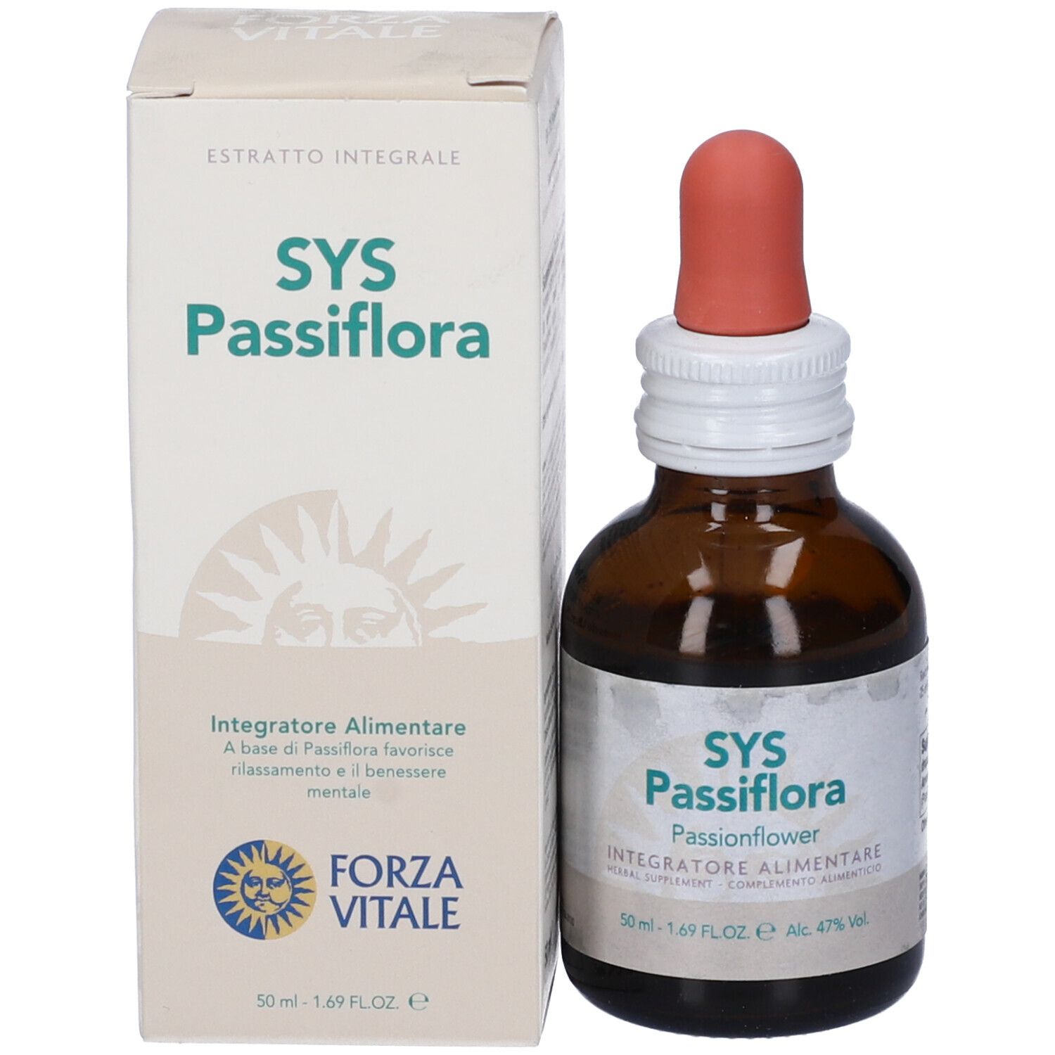 Confezione e flacone. Scatola con SYS Passiflora. Flacone di vetro marrone con contagocce.